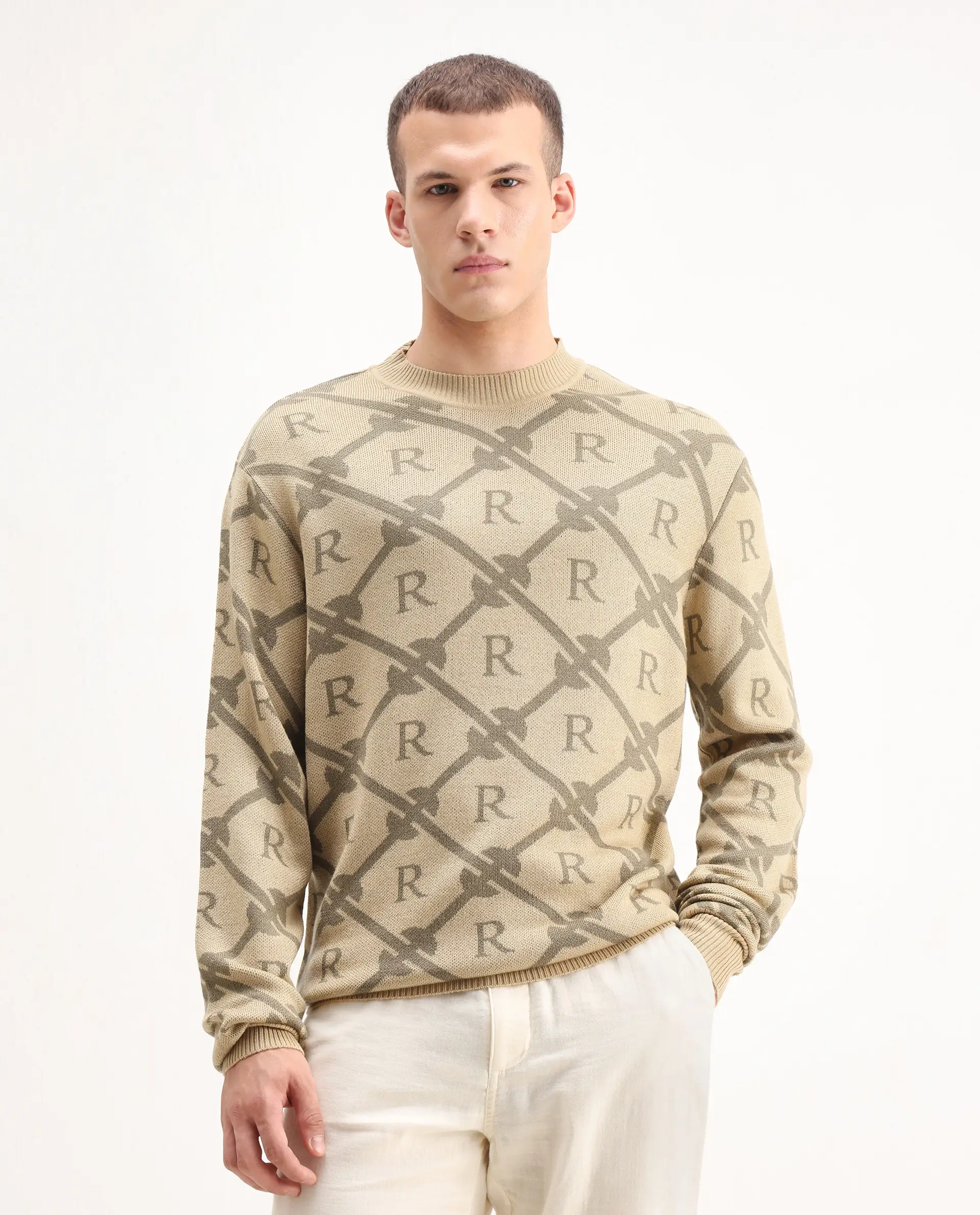Rare Rabbit Men's Post Beige Acrylic Monogram Print Regular Fit Full Sleeve Crew Neck Sweater - Image 5