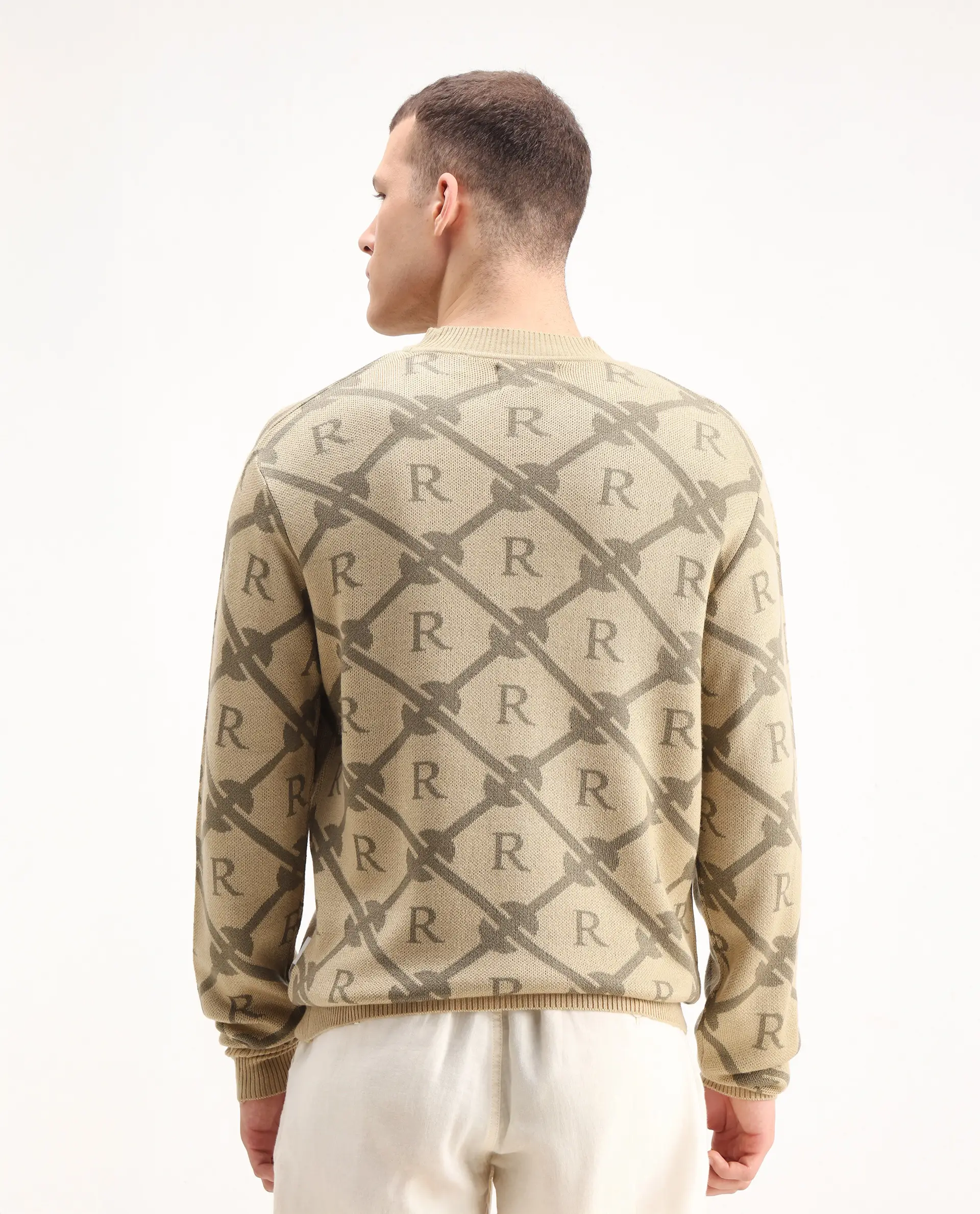 Rare Rabbit Men's Post Beige Acrylic Monogram Print Regular Fit Full Sleeve Crew Neck Sweater - Image 6