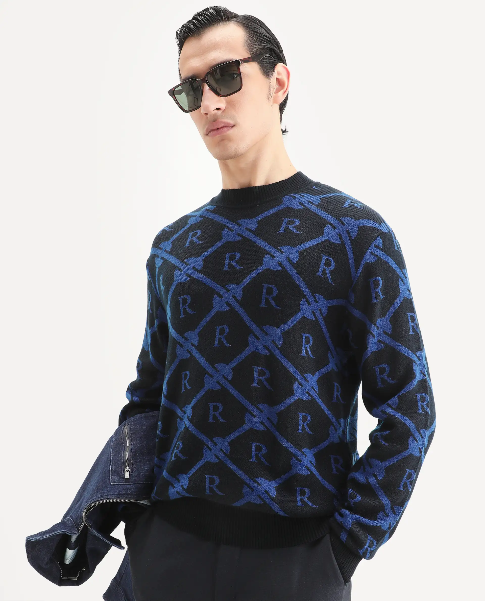 Rare Rabbit Men's Post Black Acrylic Monogram Print Regular Fit Full Sleeve Crew Neck Sweater