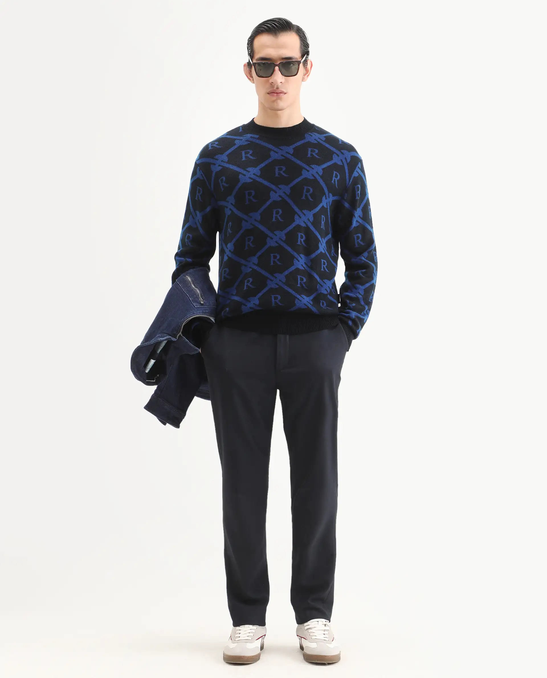 Rare Rabbit Men's Post Black Acrylic Monogram Print Regular Fit Full Sleeve Crew Neck Sweater - Image 2