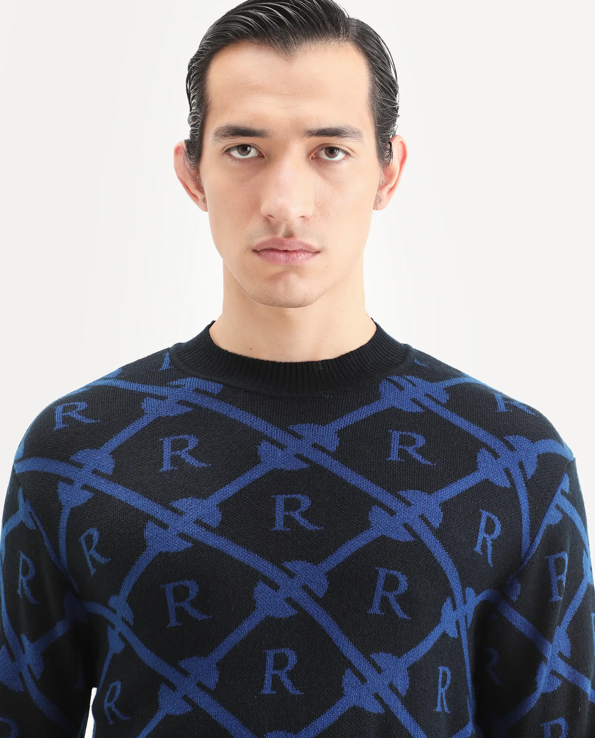 Rare Rabbit Men's Post Black Acrylic Monogram Print Regular Fit Full Sleeve Crew Neck Sweater - Image 3