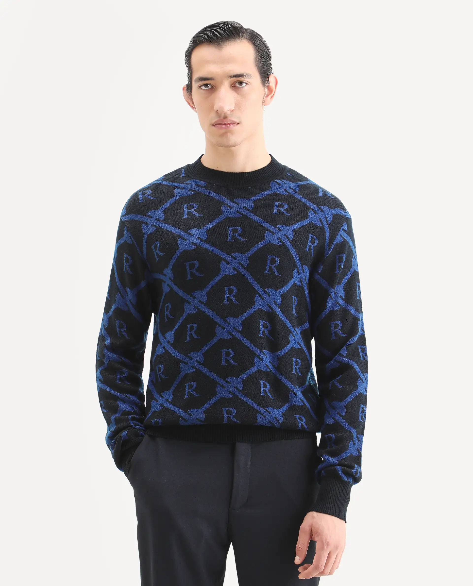 Rare Rabbit Men's Post Black Acrylic Monogram Print Regular Fit Full Sleeve Crew Neck Sweater - Image 4