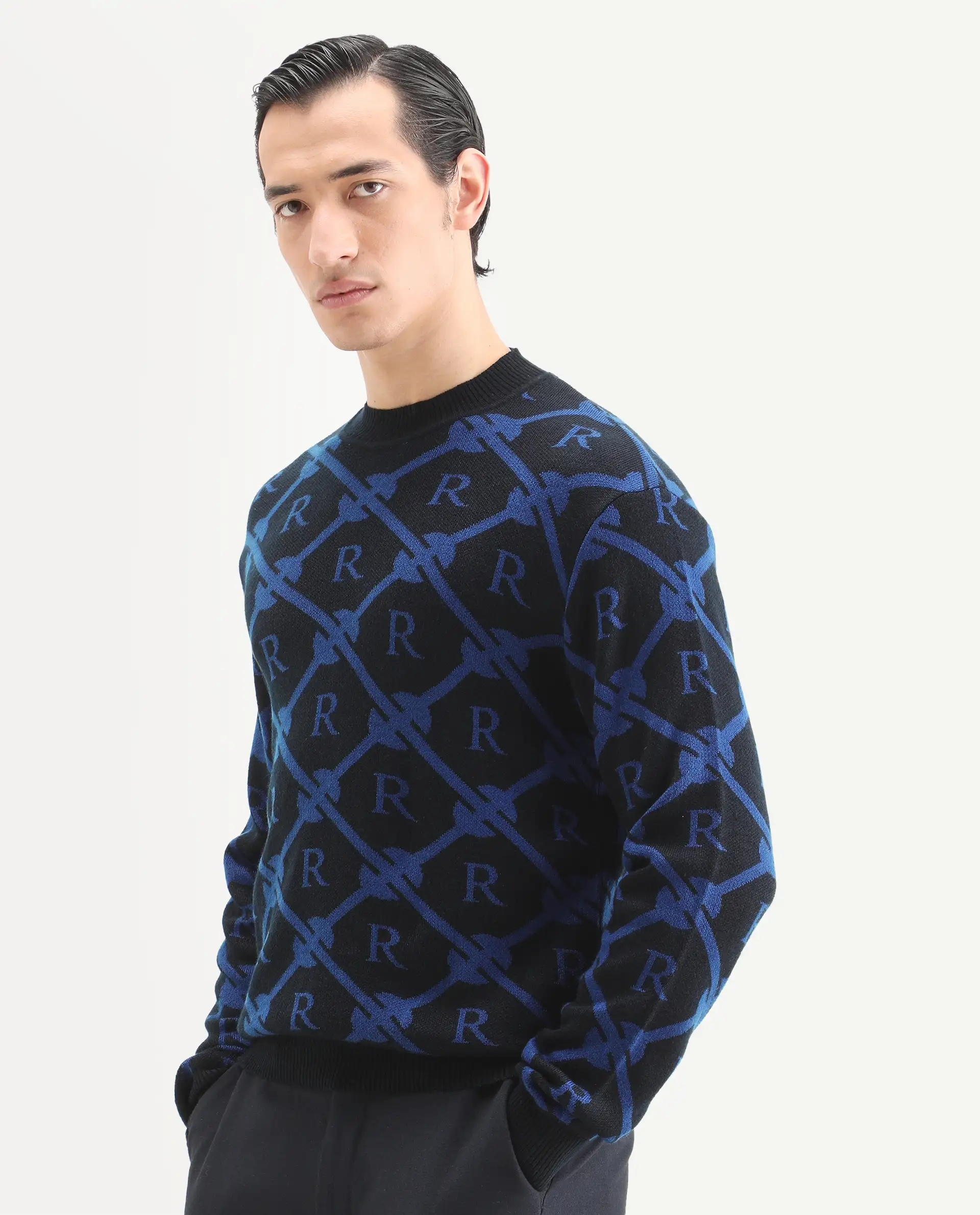 Rare Rabbit Men's Post Black Acrylic Monogram Print Regular Fit Full Sleeve Crew Neck Sweater - Image 5