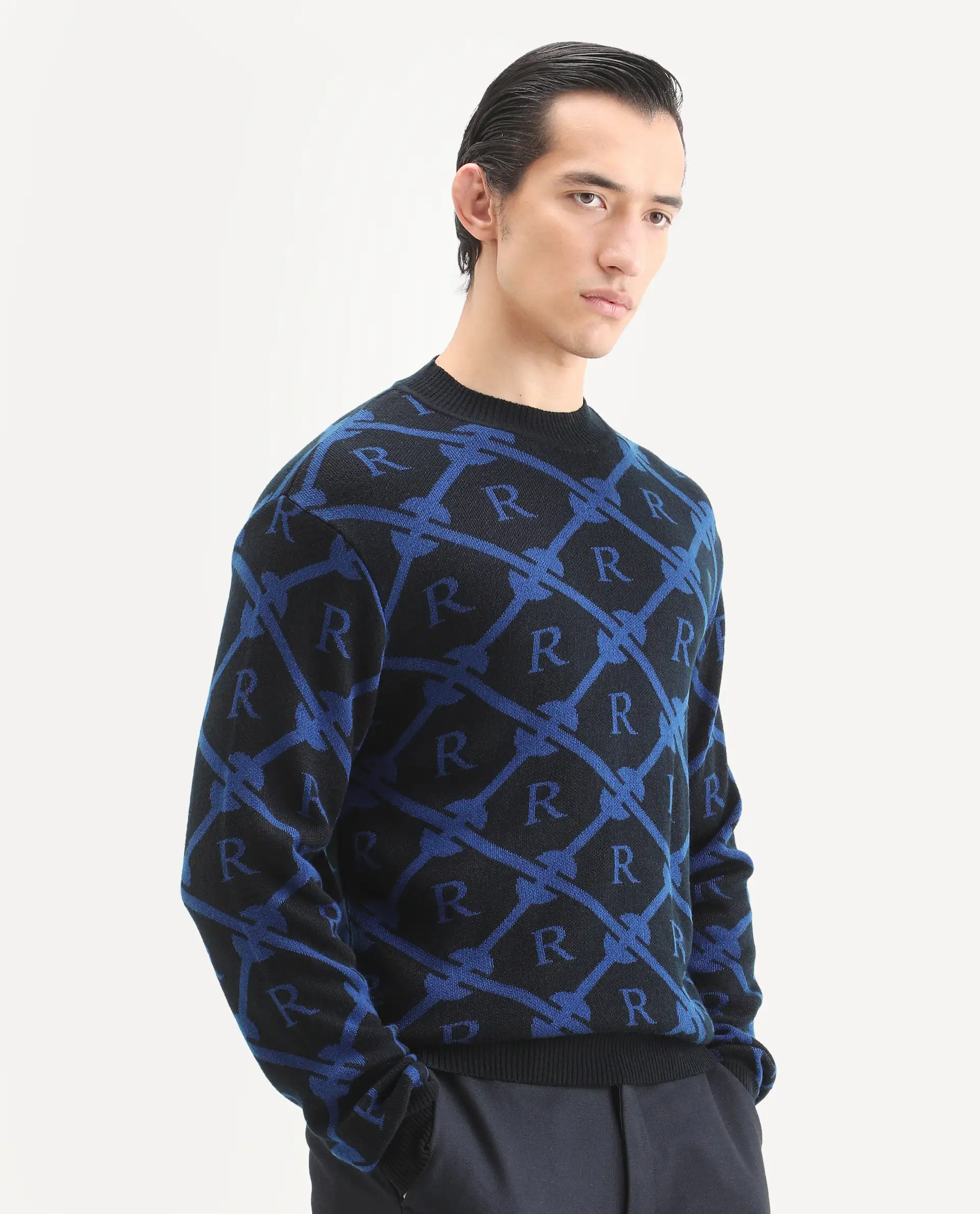 Rare Rabbit Men's Post Black Acrylic Monogram Print Regular Fit Full Sleeve Crew Neck Sweater - Image 6