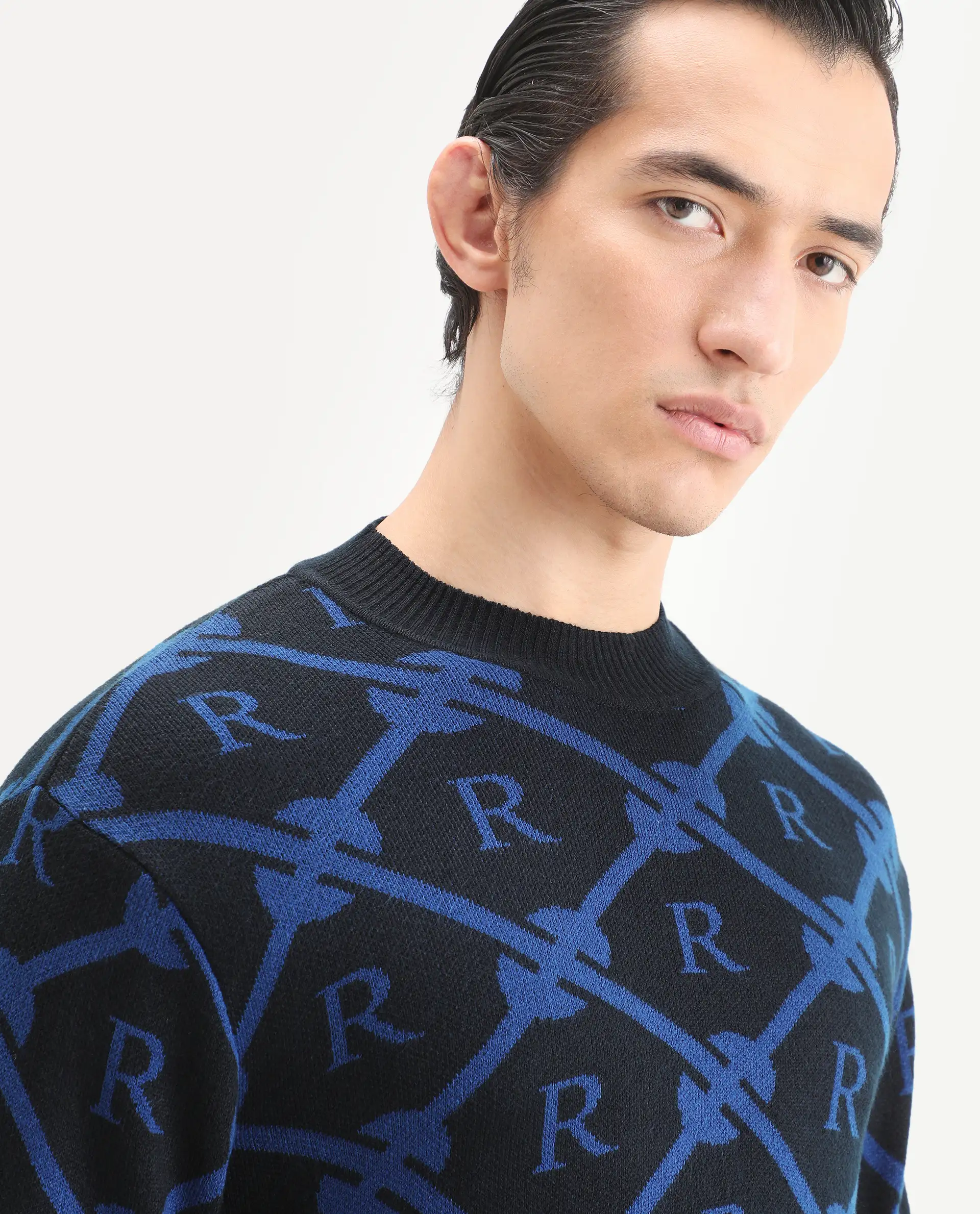 Rare Rabbit Men's Post Black Acrylic Monogram Print Regular Fit Full Sleeve Crew Neck Sweater - Image 7