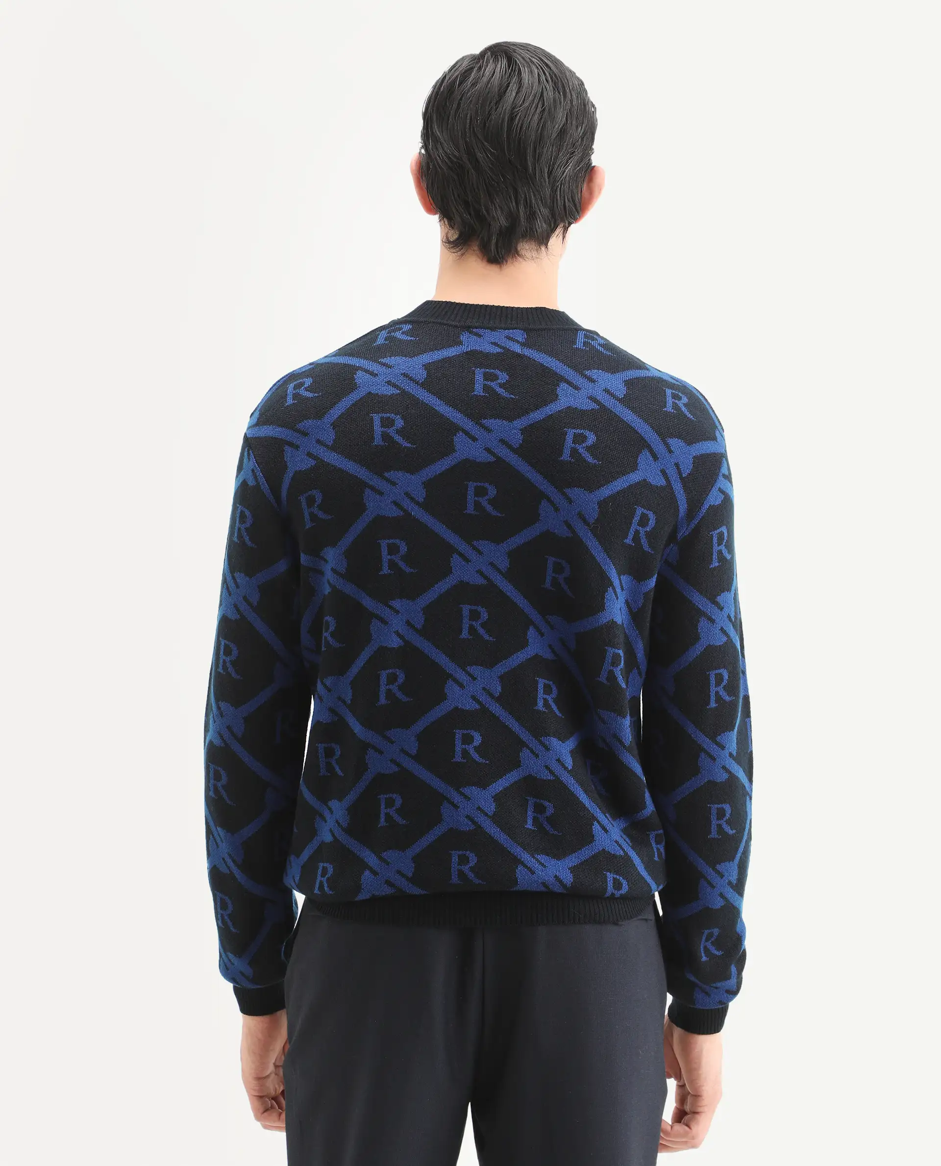 Rare Rabbit Men's Post Black Acrylic Monogram Print Regular Fit Full Sleeve Crew Neck Sweater - Image 8