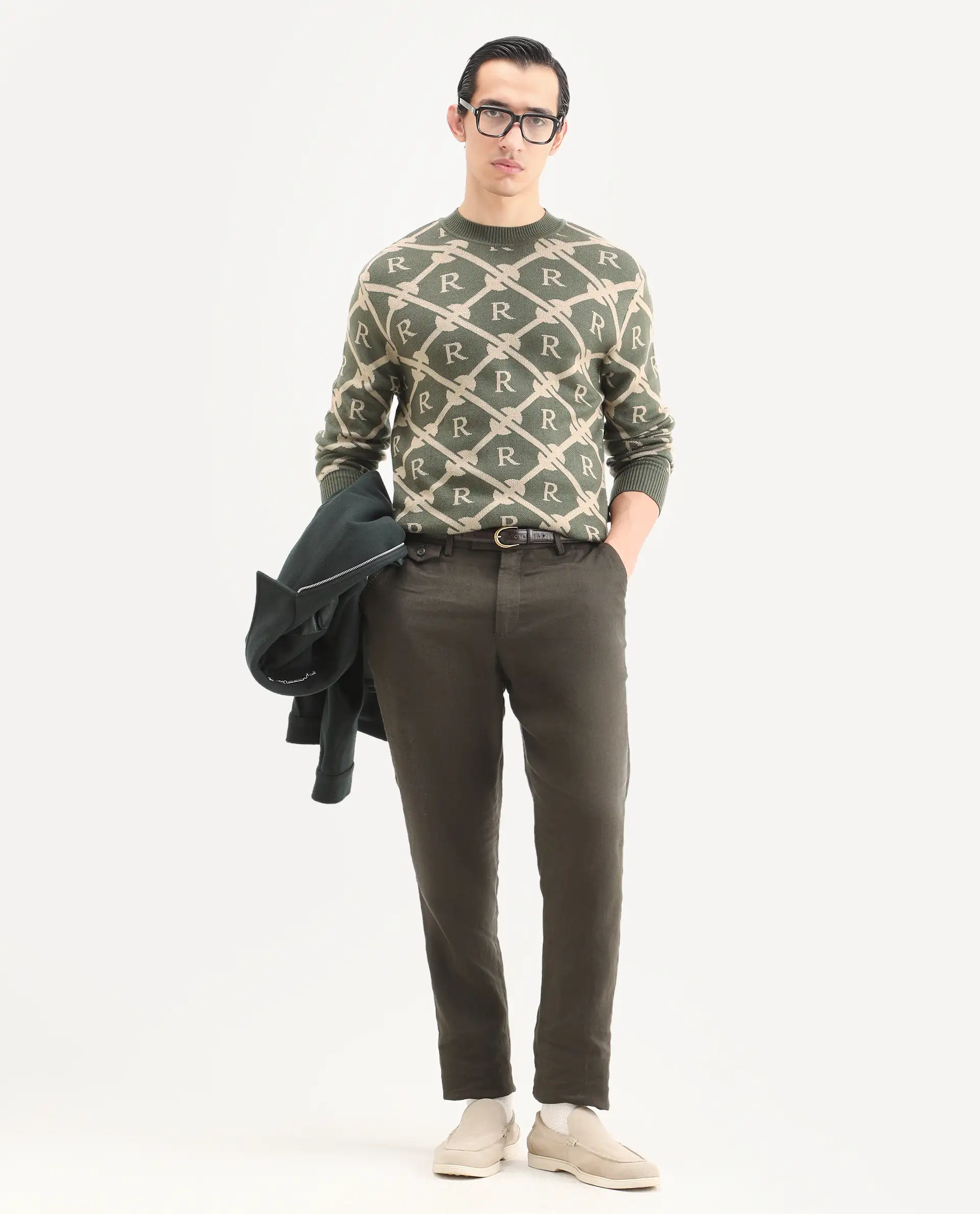 Rare Rabbit Men's Post Dark Olive Acrylic Monogram Print Regular Fit Full Sleeve Crew Neck Sweater - Image 2