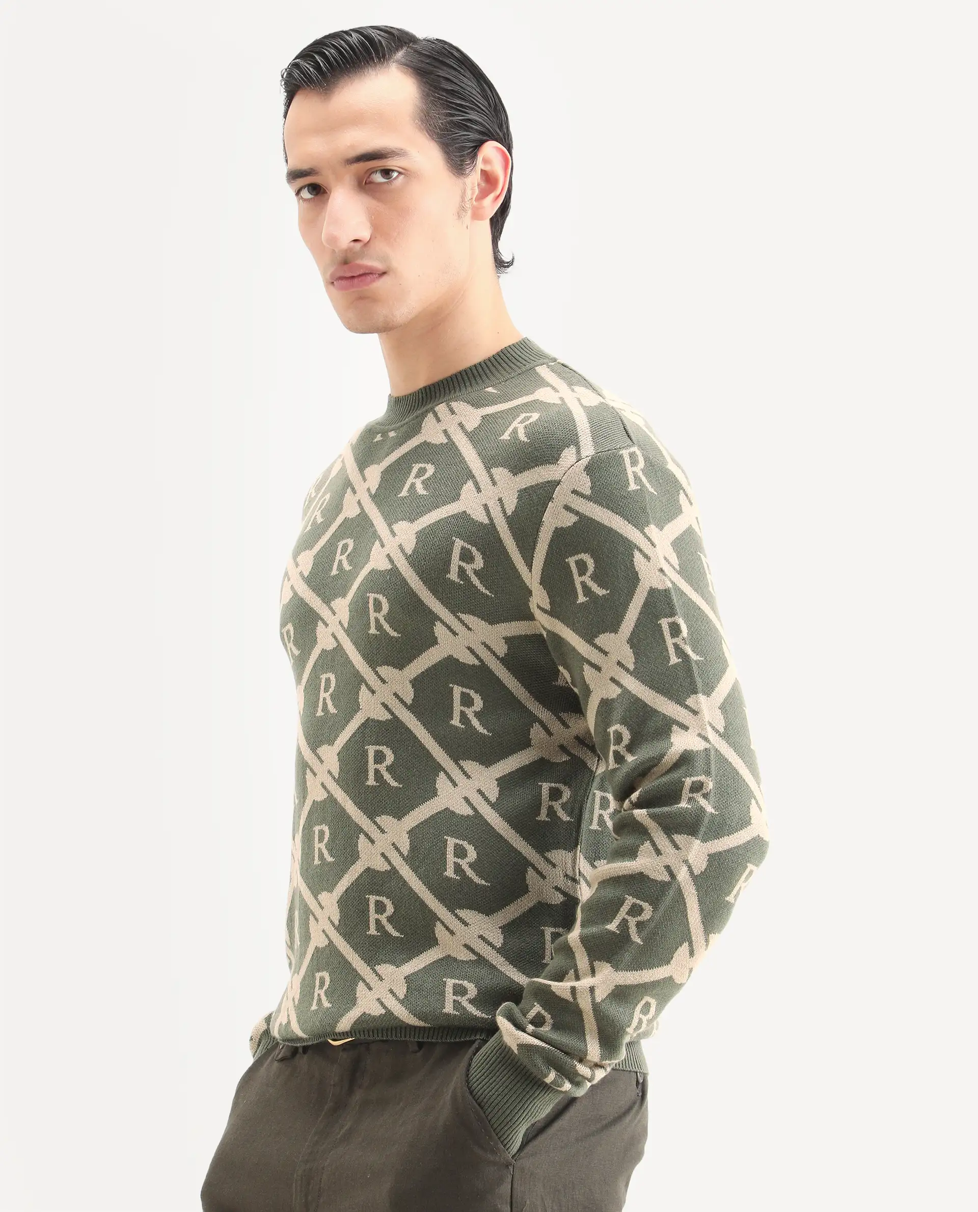 Rare Rabbit Men's Post Dark Olive Acrylic Monogram Print Regular Fit Full Sleeve Crew Neck Sweater - Image 3