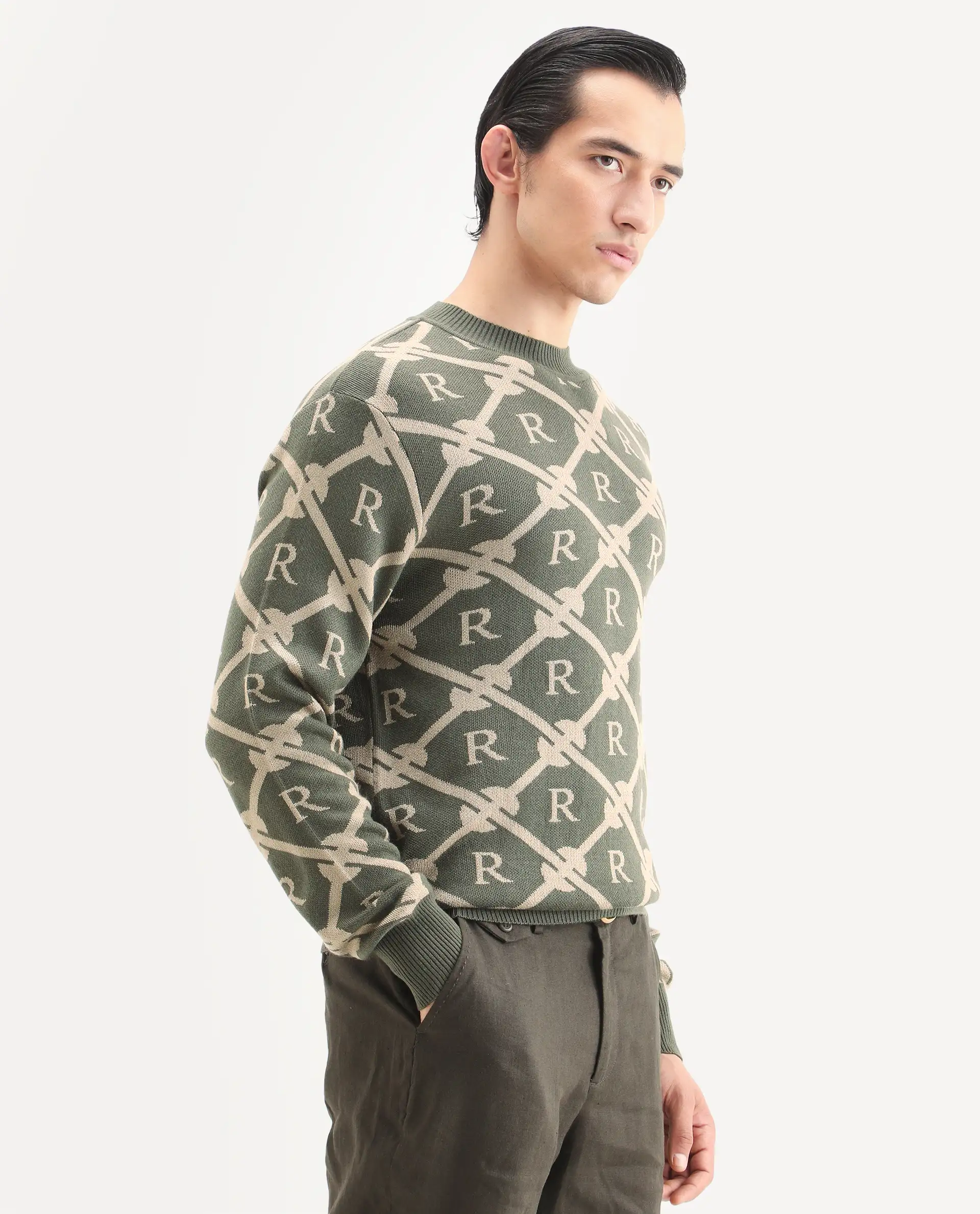 Rare Rabbit Men's Post Dark Olive Acrylic Monogram Print Regular Fit Full Sleeve Crew Neck Sweater - Image 4