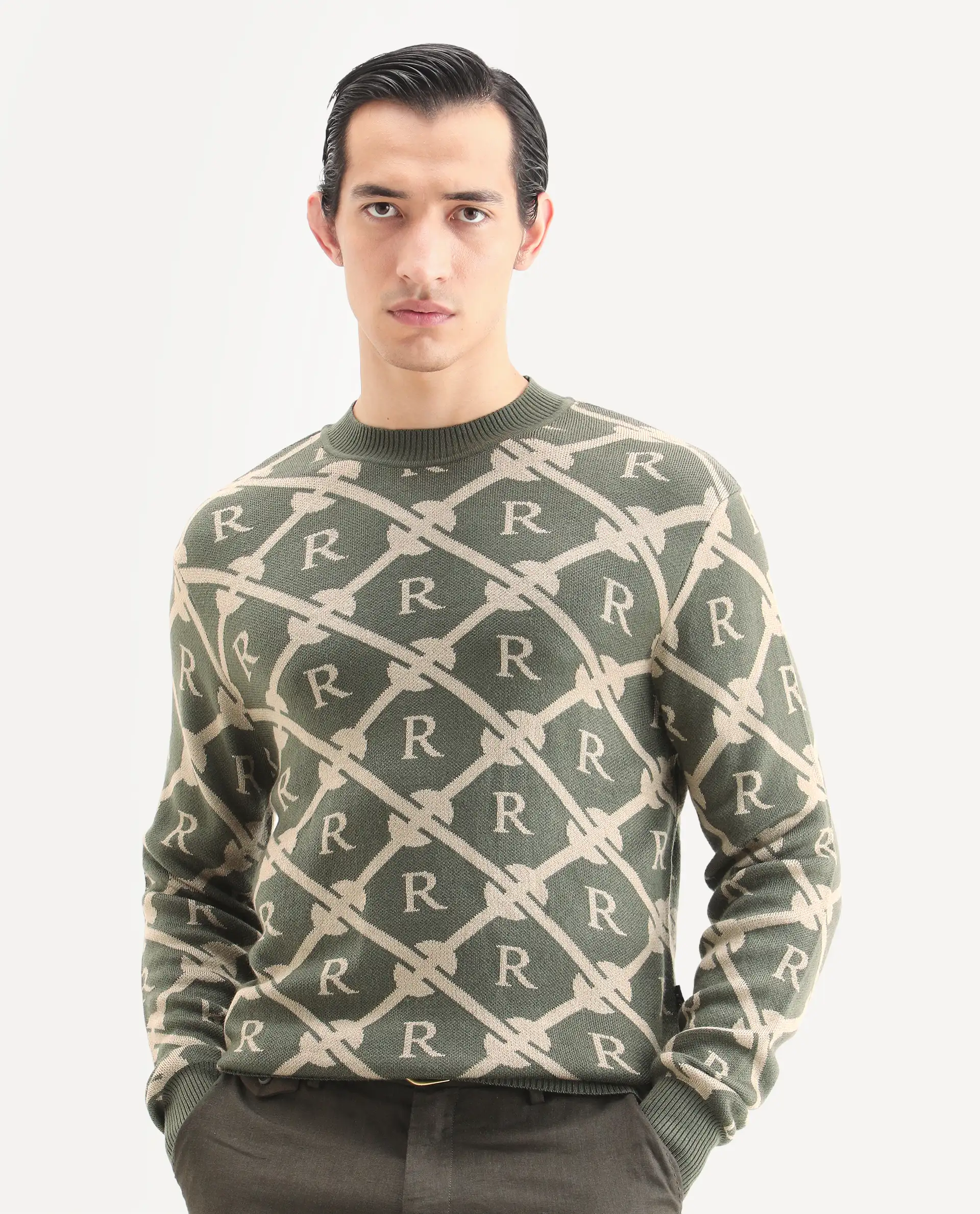 Rare Rabbit Men's Post Dark Olive Acrylic Monogram Print Regular Fit Full Sleeve Crew Neck Sweater - Image 5