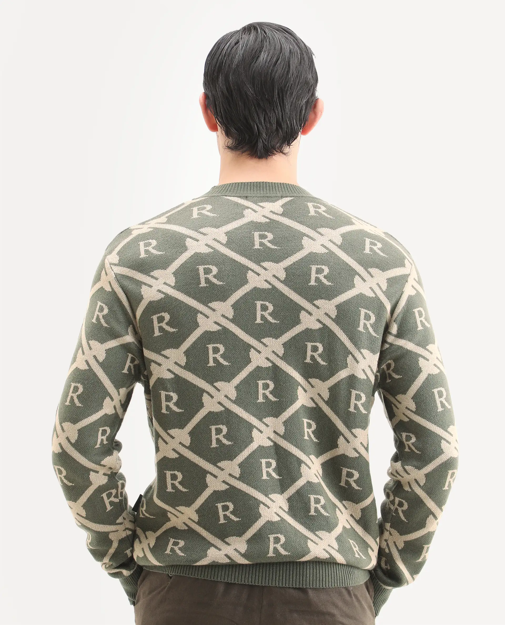 Rare Rabbit Men's Post Dark Olive Acrylic Monogram Print Regular Fit Full Sleeve Crew Neck Sweater - Image 6
