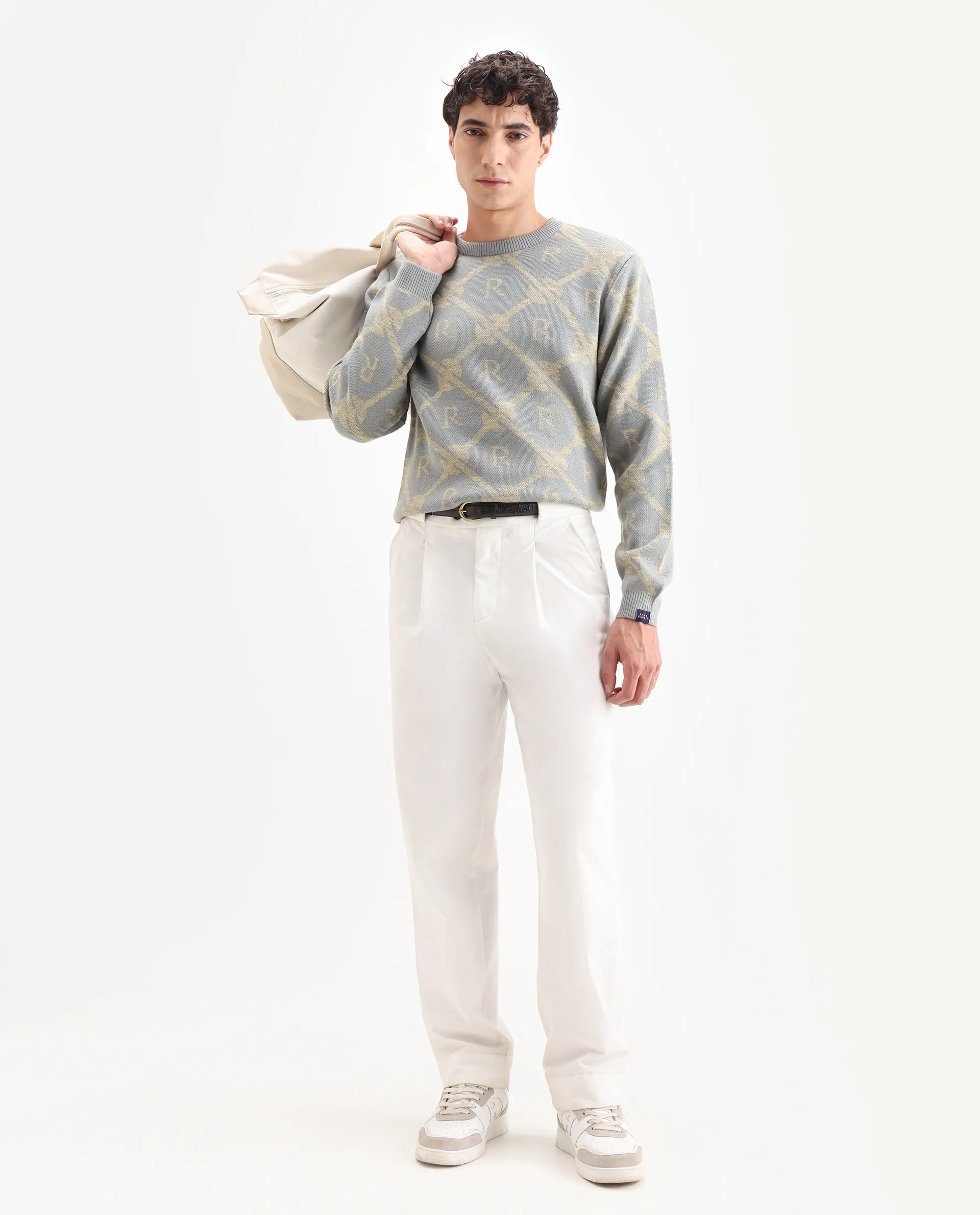 Rare Rabbit Men's Post Dusky Grey Acrylic Monogram Print Regular Fit Full Sleeve Crew Neck Sweater - Image 2