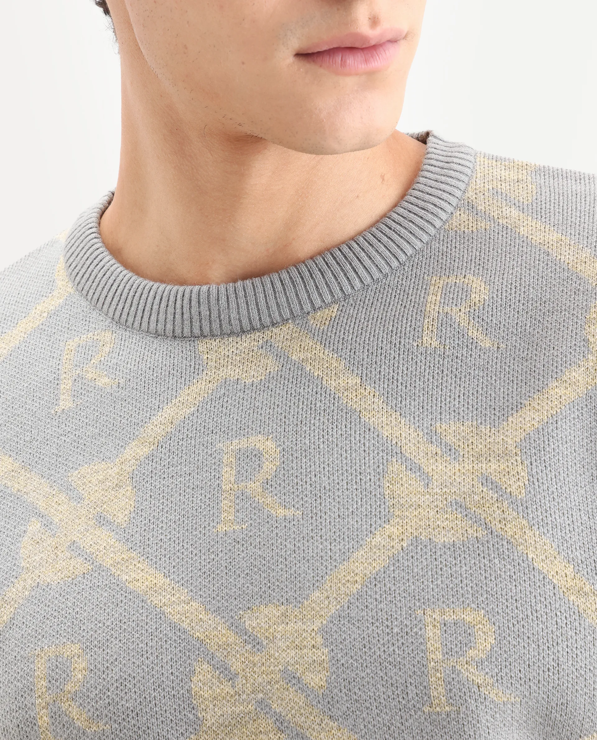 Rare Rabbit Men's Post Dusky Grey Acrylic Monogram Print Regular Fit Full Sleeve Crew Neck Sweater - Image 3