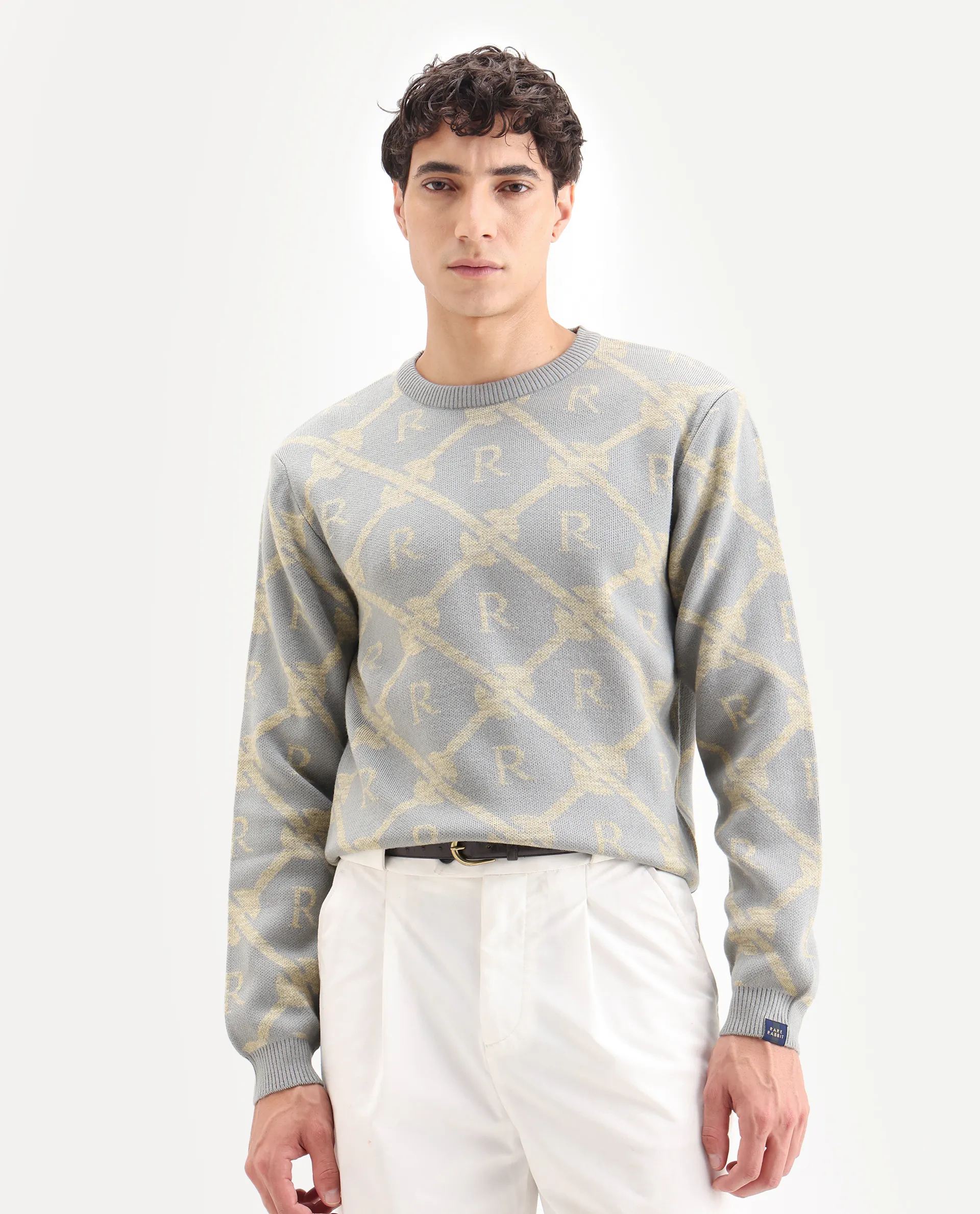 Rare Rabbit Men's Post Dusky Grey Acrylic Monogram Print Regular Fit Full Sleeve Crew Neck Sweater - Image 4