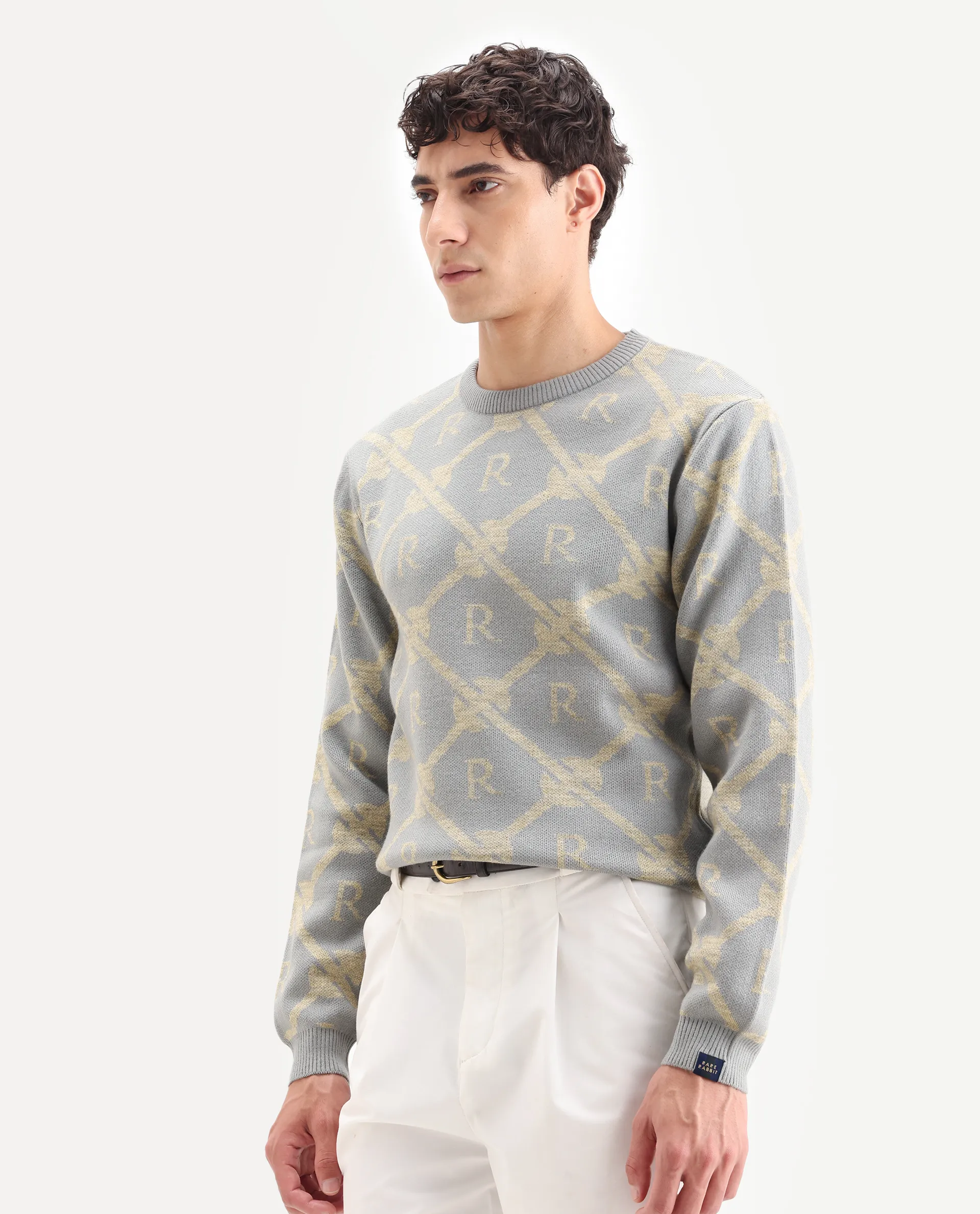 Rare Rabbit Men's Post Dusky Grey Acrylic Monogram Print Regular Fit Full Sleeve Crew Neck Sweater - Image 5