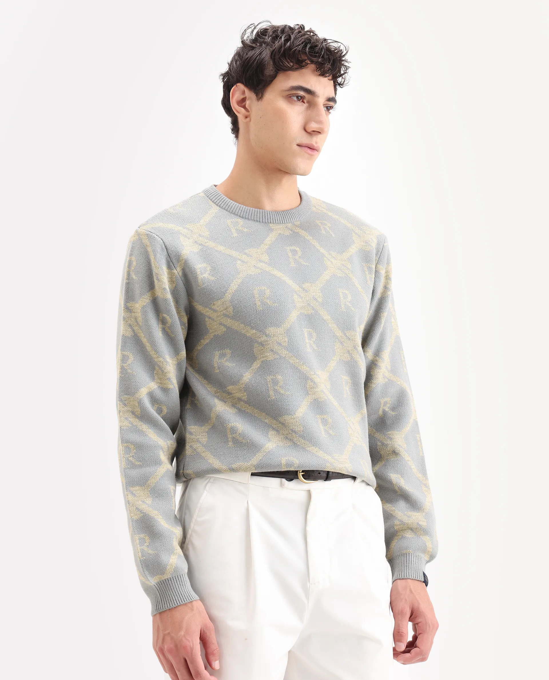 Rare Rabbit Men's Post Dusky Grey Acrylic Monogram Print Regular Fit Full Sleeve Crew Neck Sweater - Image 6