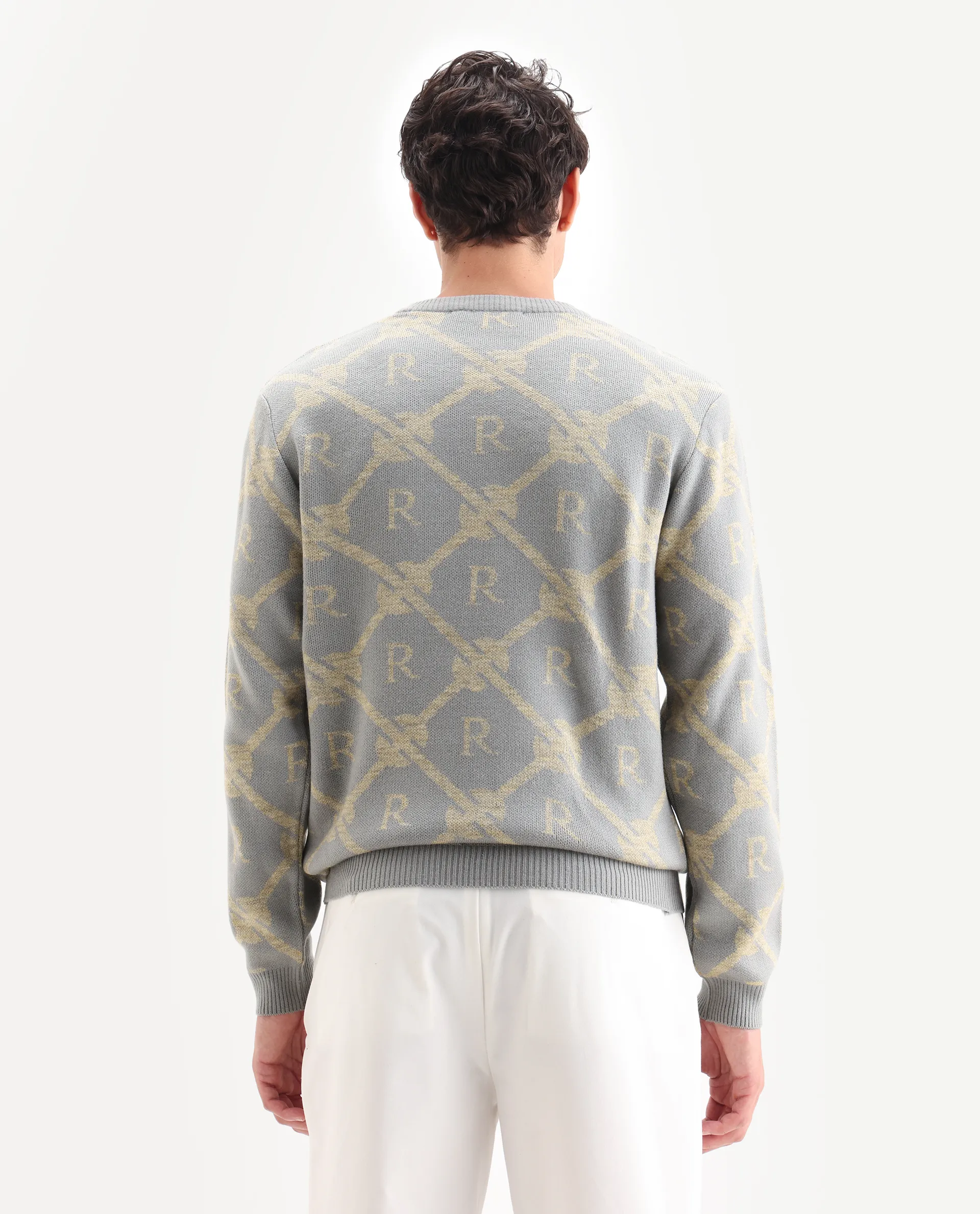 Rare Rabbit Men's Post Dusky Grey Acrylic Monogram Print Regular Fit Full Sleeve Crew Neck Sweater - Image 7