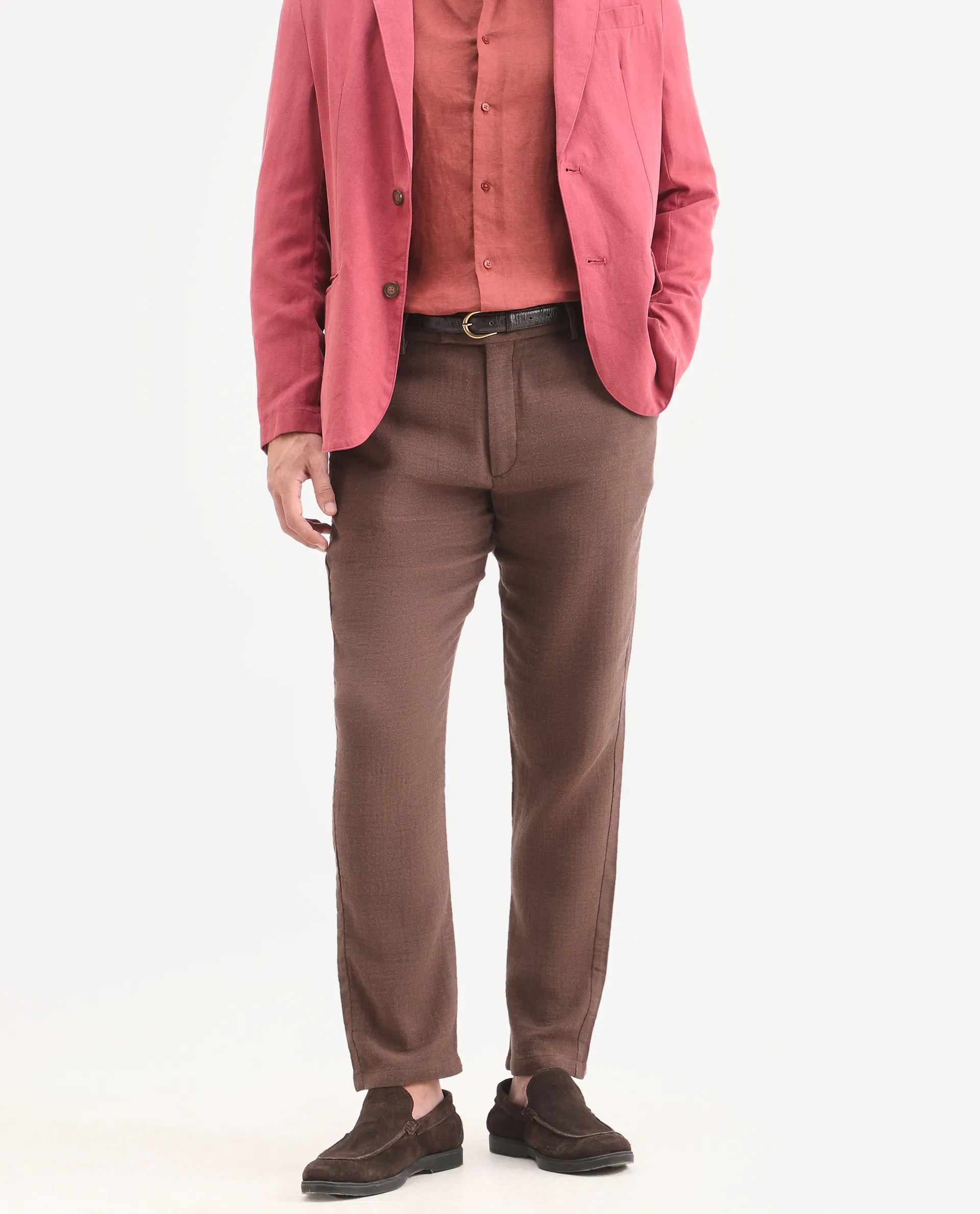 Rare Rabbit Men's Post Brown Cotton Blend Fabric Regular Fit Plain Trouser - Image 2