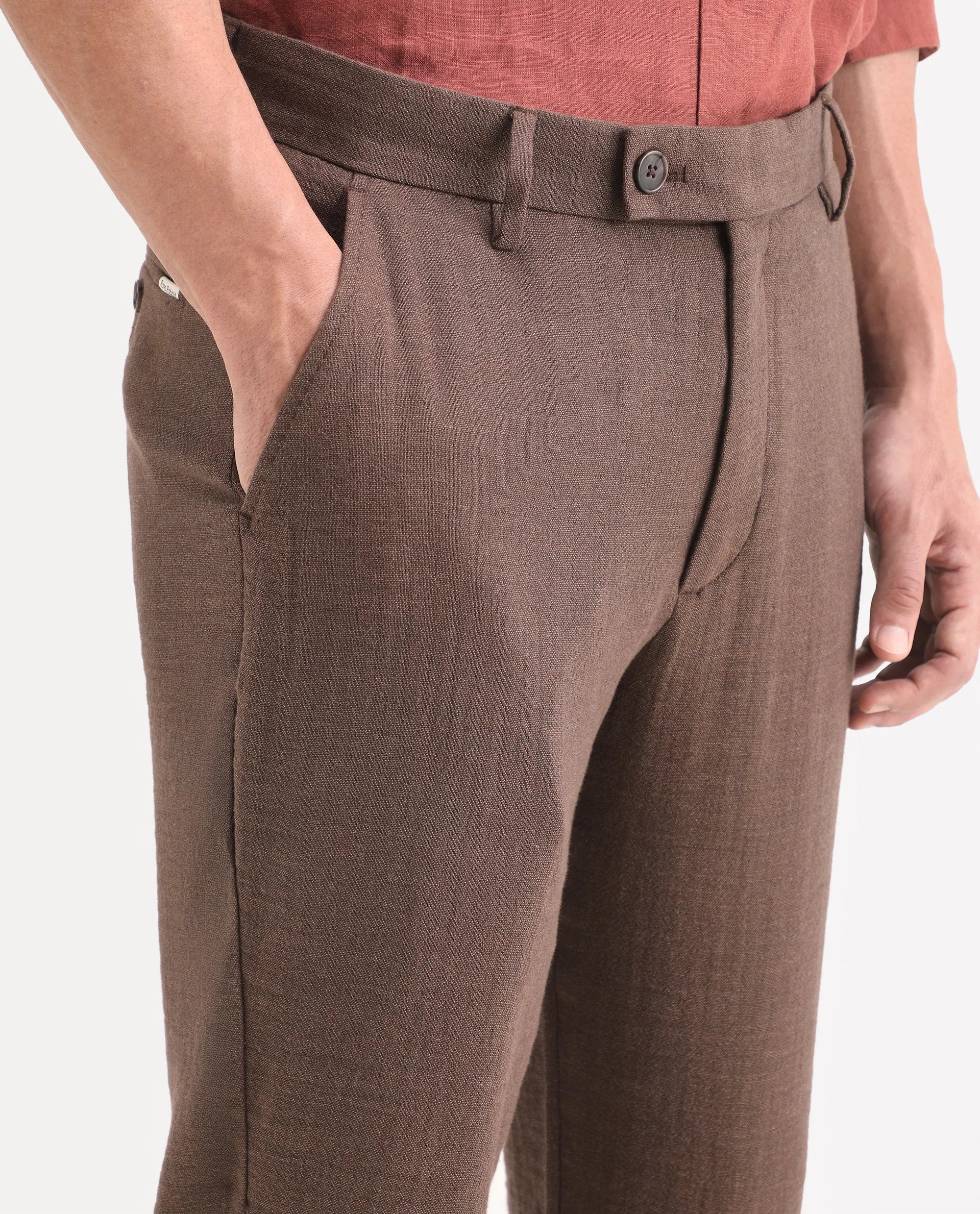 Rare Rabbit Men's Post Brown Cotton Blend Fabric Regular Fit Plain Trouser - Image 3