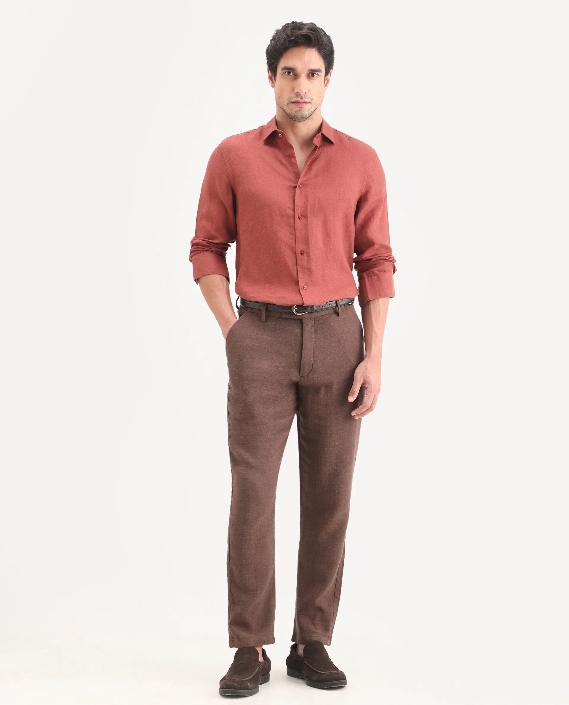 Rare Rabbit Men's Post Brown Cotton Blend Fabric Regular Fit Plain Trouser - Image 4