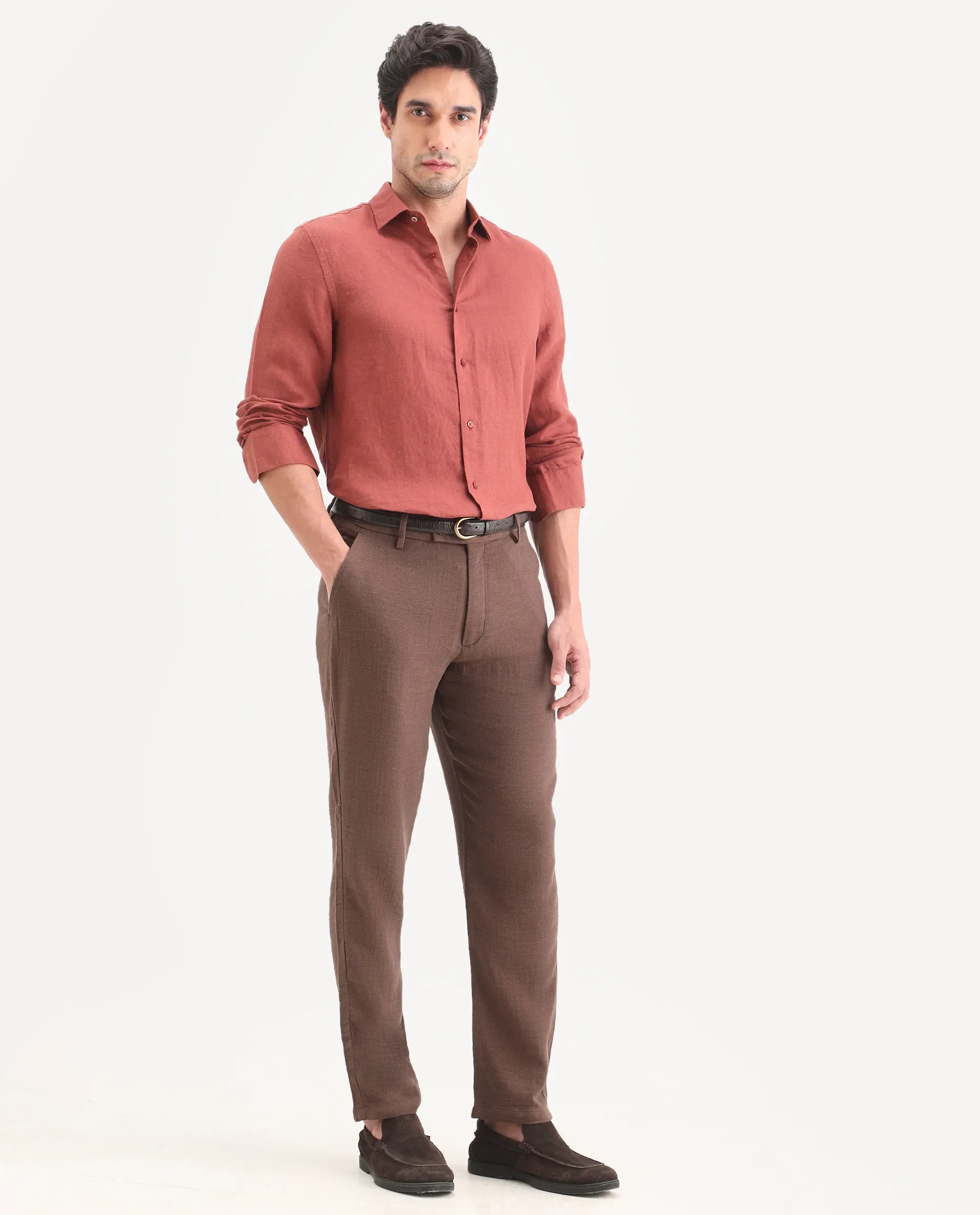 Rare Rabbit Men's Post Brown Cotton Blend Fabric Regular Fit Plain Trouser - Image 5