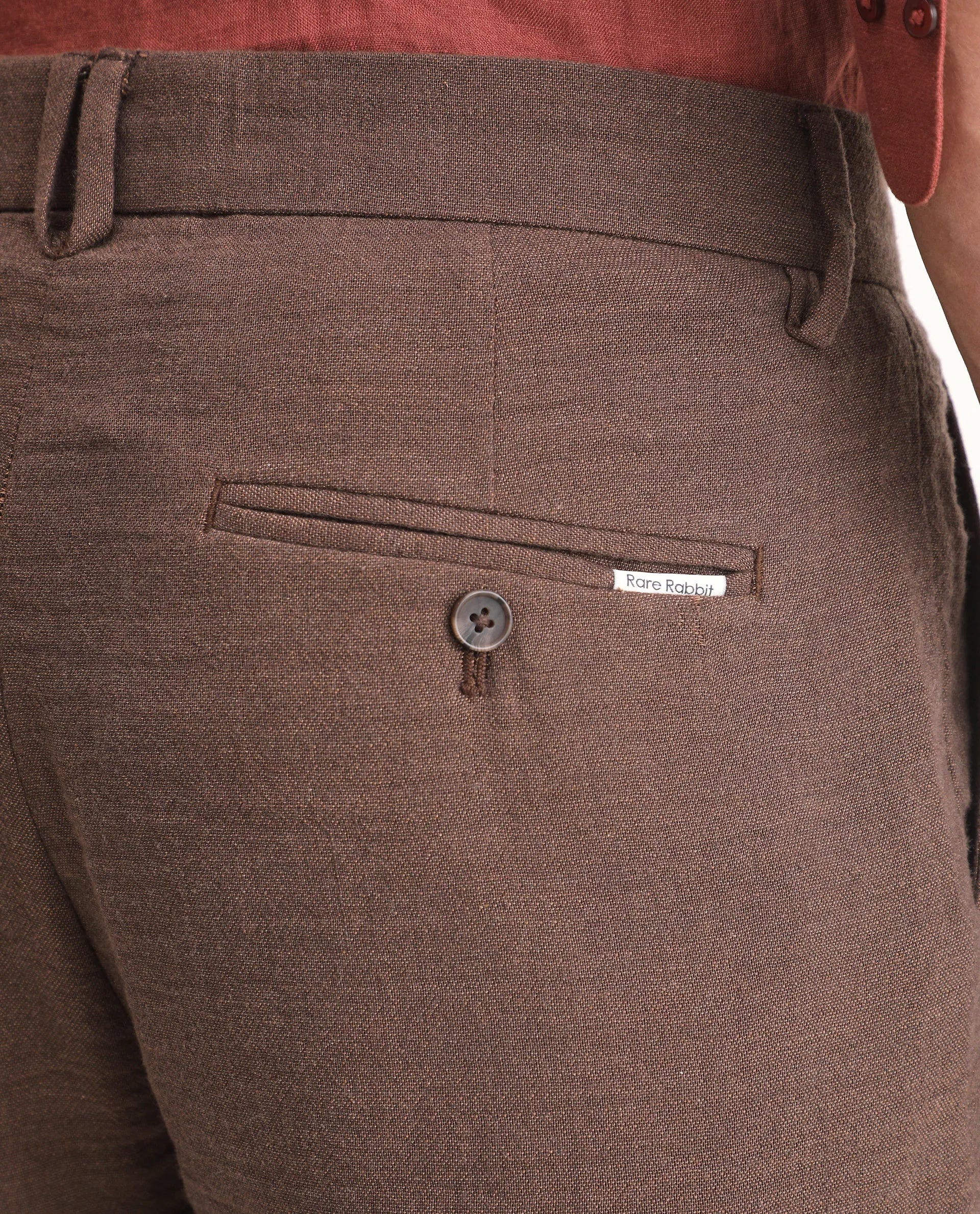 Rare Rabbit Men's Post Brown Cotton Blend Fabric Regular Fit Plain Trouser - Image 6