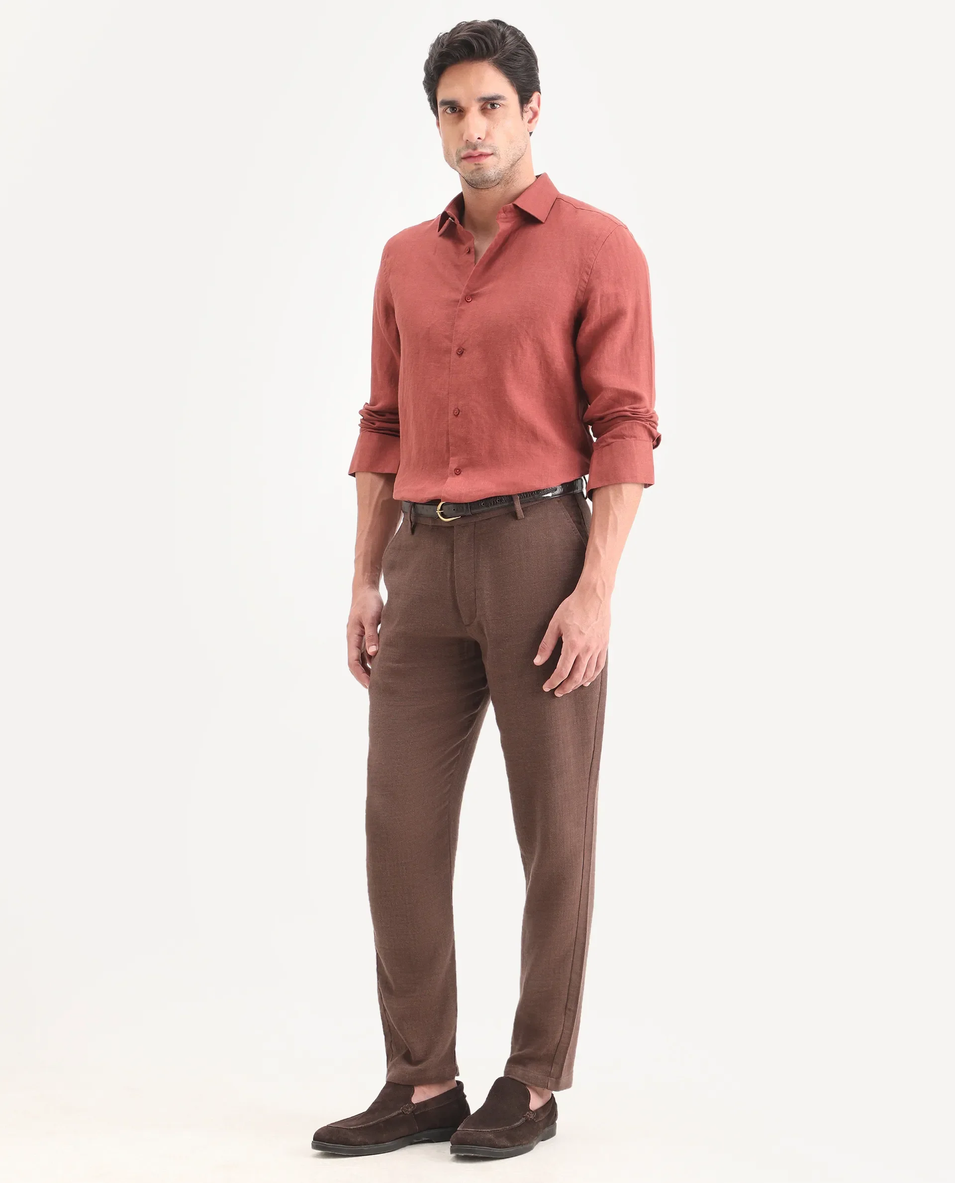 Rare Rabbit Men's Post Brown Cotton Blend Fabric Regular Fit Plain Trouser - Image 7
