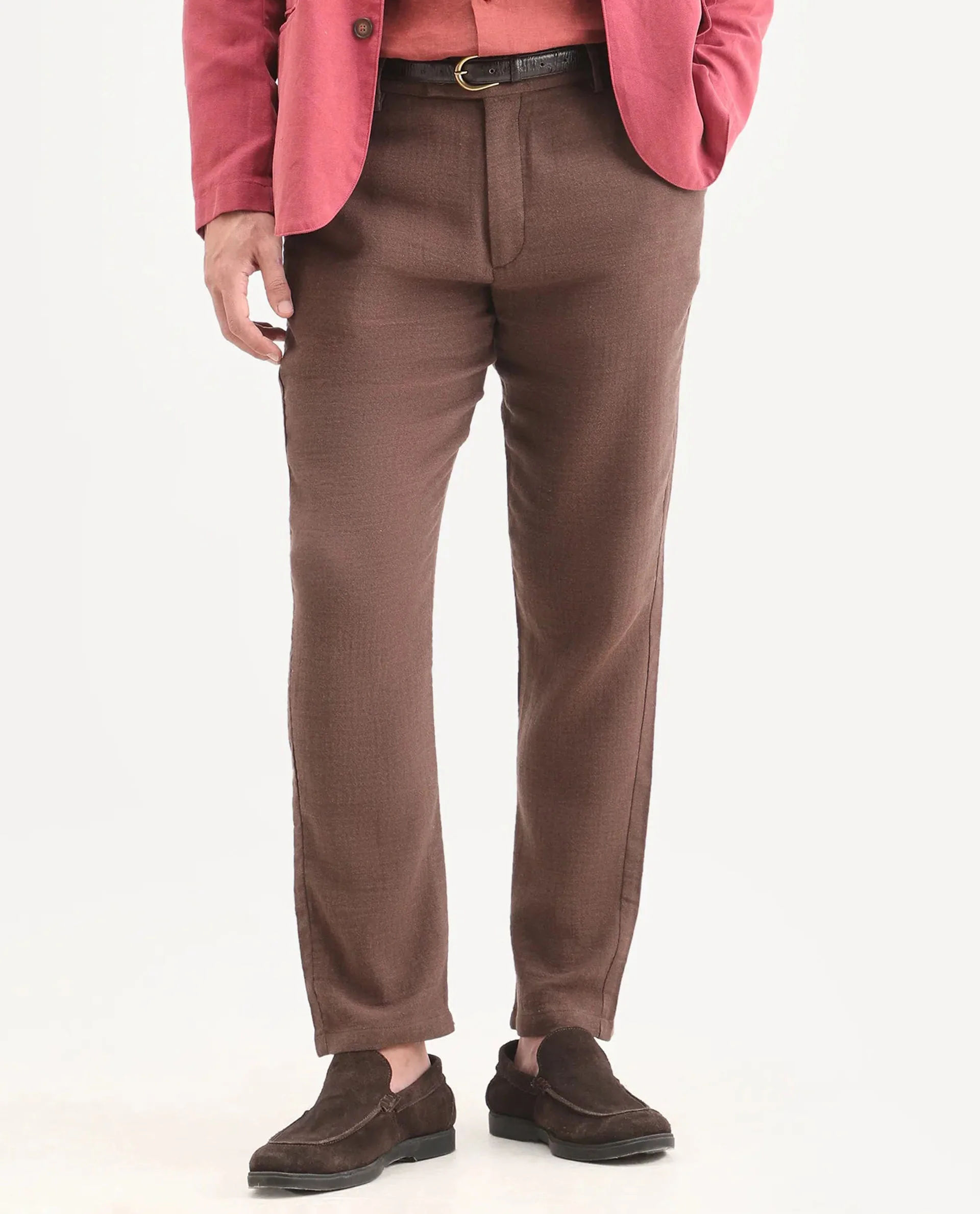 Rare Rabbit Men's Post Brown Cotton Blend Fabric Regular Fit Plain Trouser - Image 9
