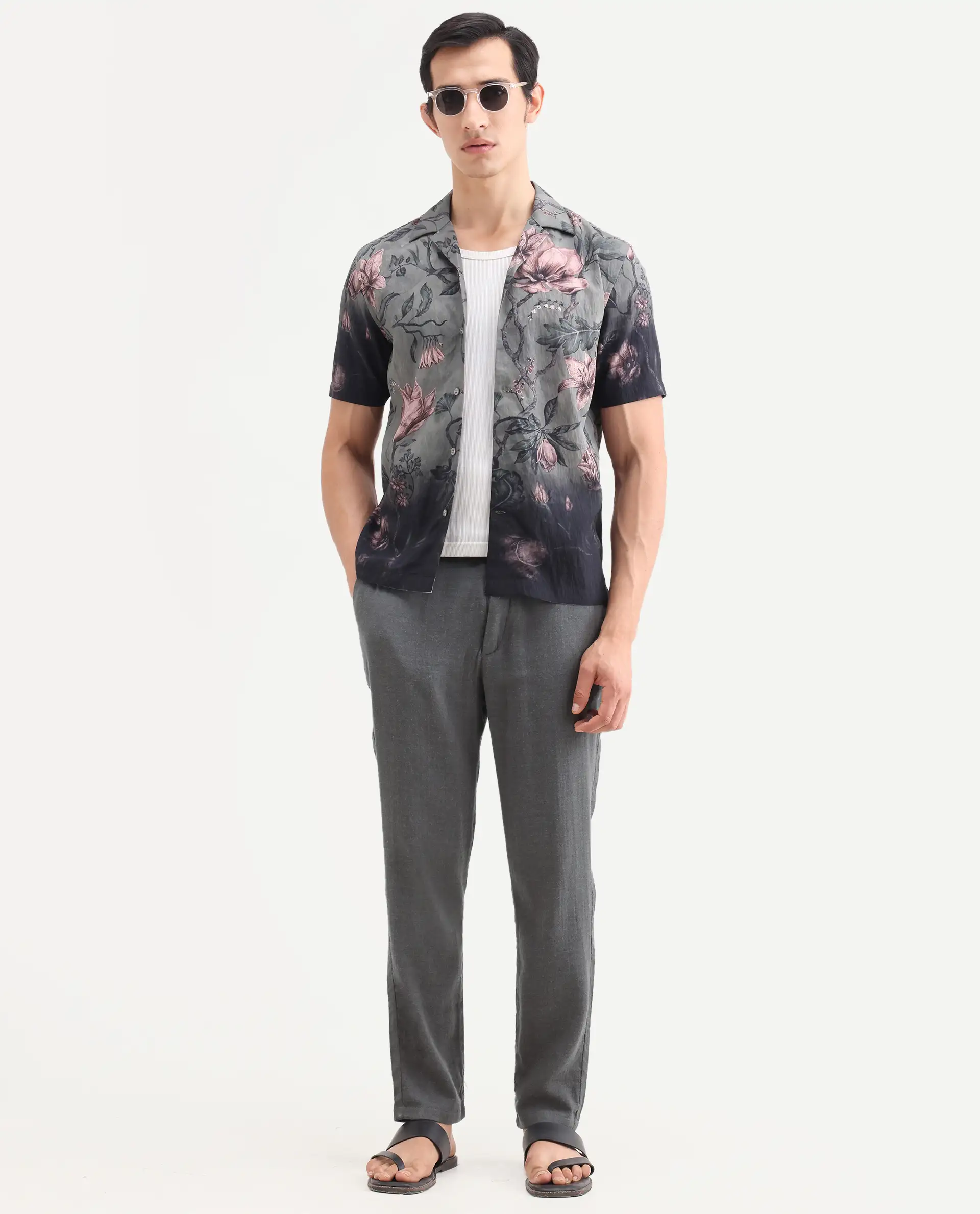 Rare Rabbit Men's Post Grey Cotton Blend Fabric Regular Fit Plain Trouser