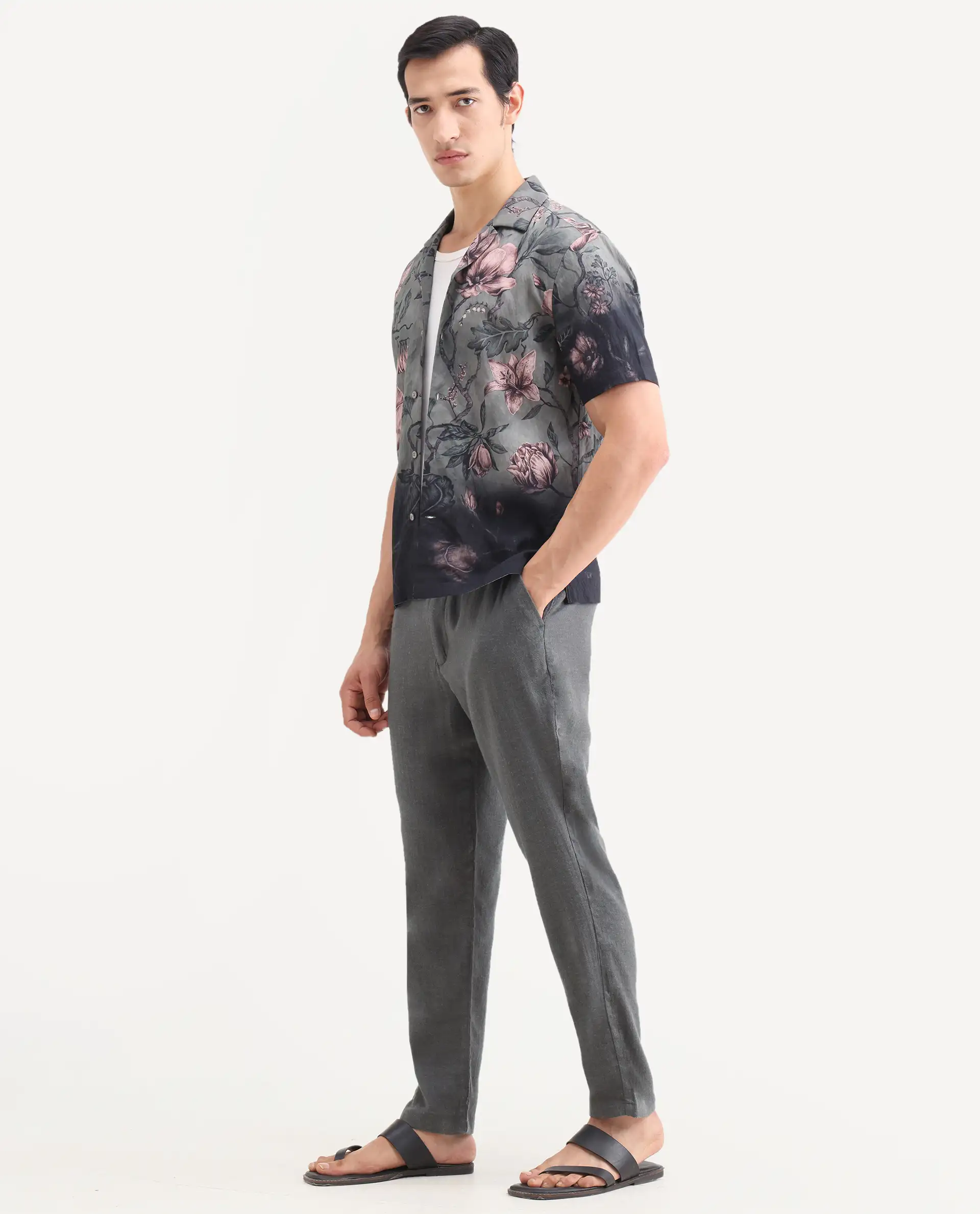 Rare Rabbit Men's Post Grey Cotton Blend Fabric Regular Fit Plain Trouser - Image 4