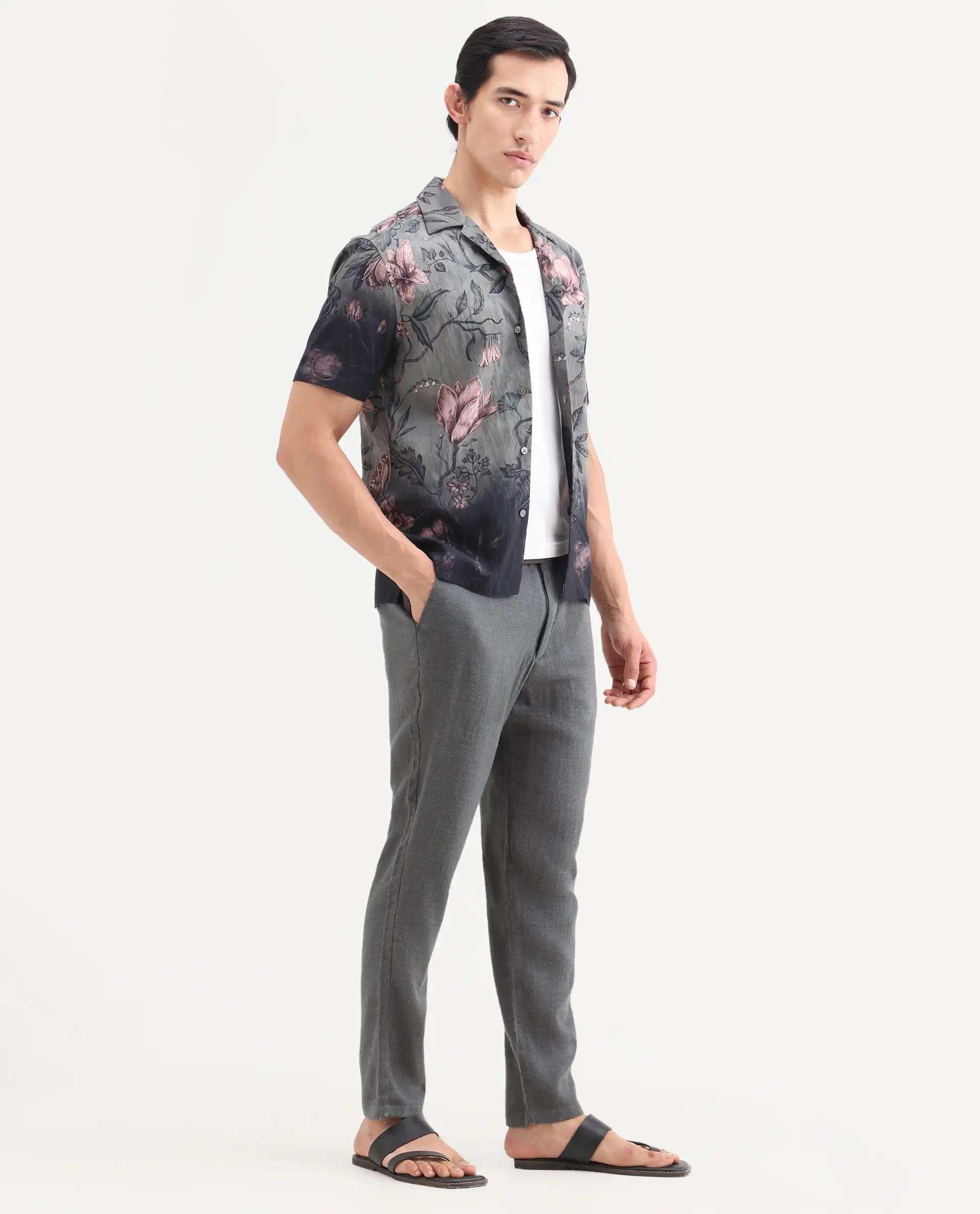 Rare Rabbit Men's Post Grey Cotton Blend Fabric Regular Fit Plain Trouser - Image 5