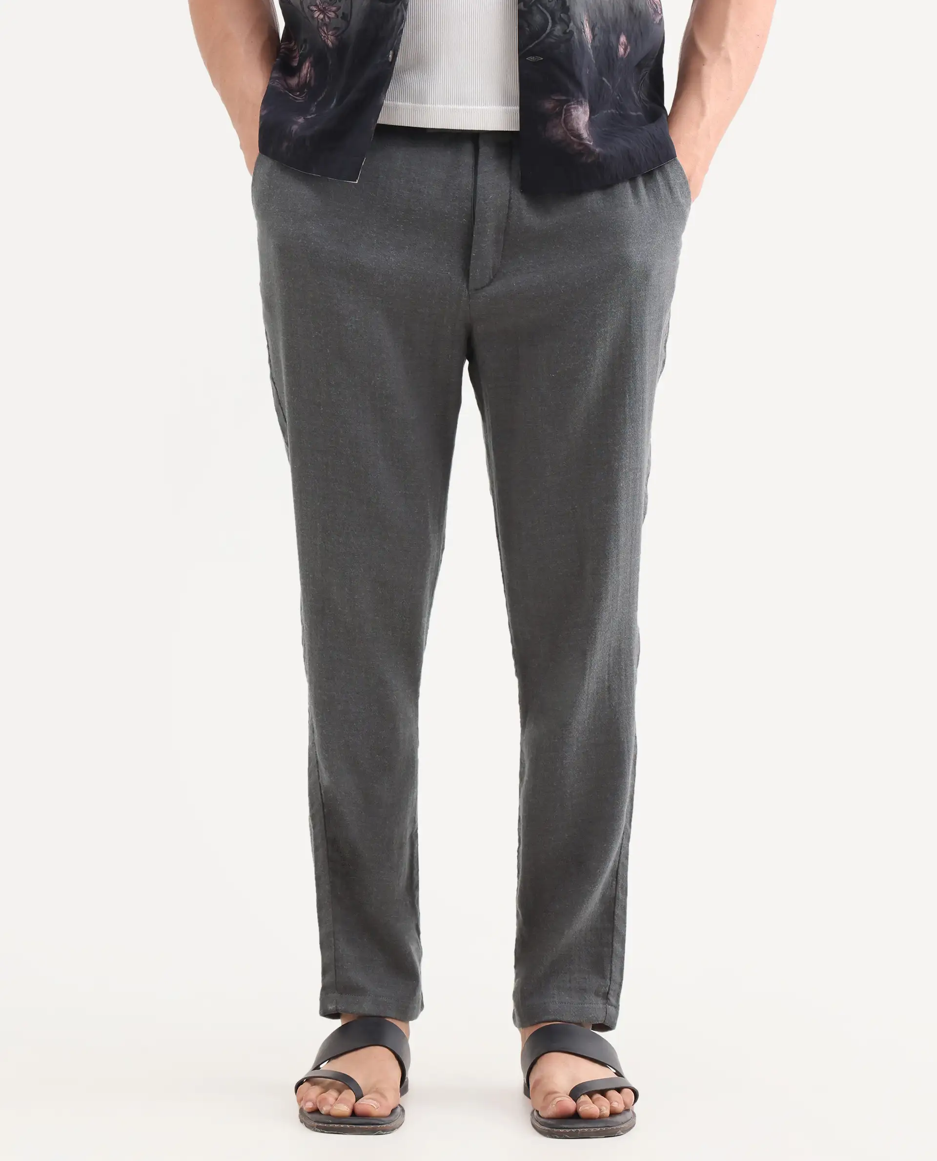 Rare Rabbit Men's Post Grey Cotton Blend Fabric Regular Fit Plain Trouser - Image 9