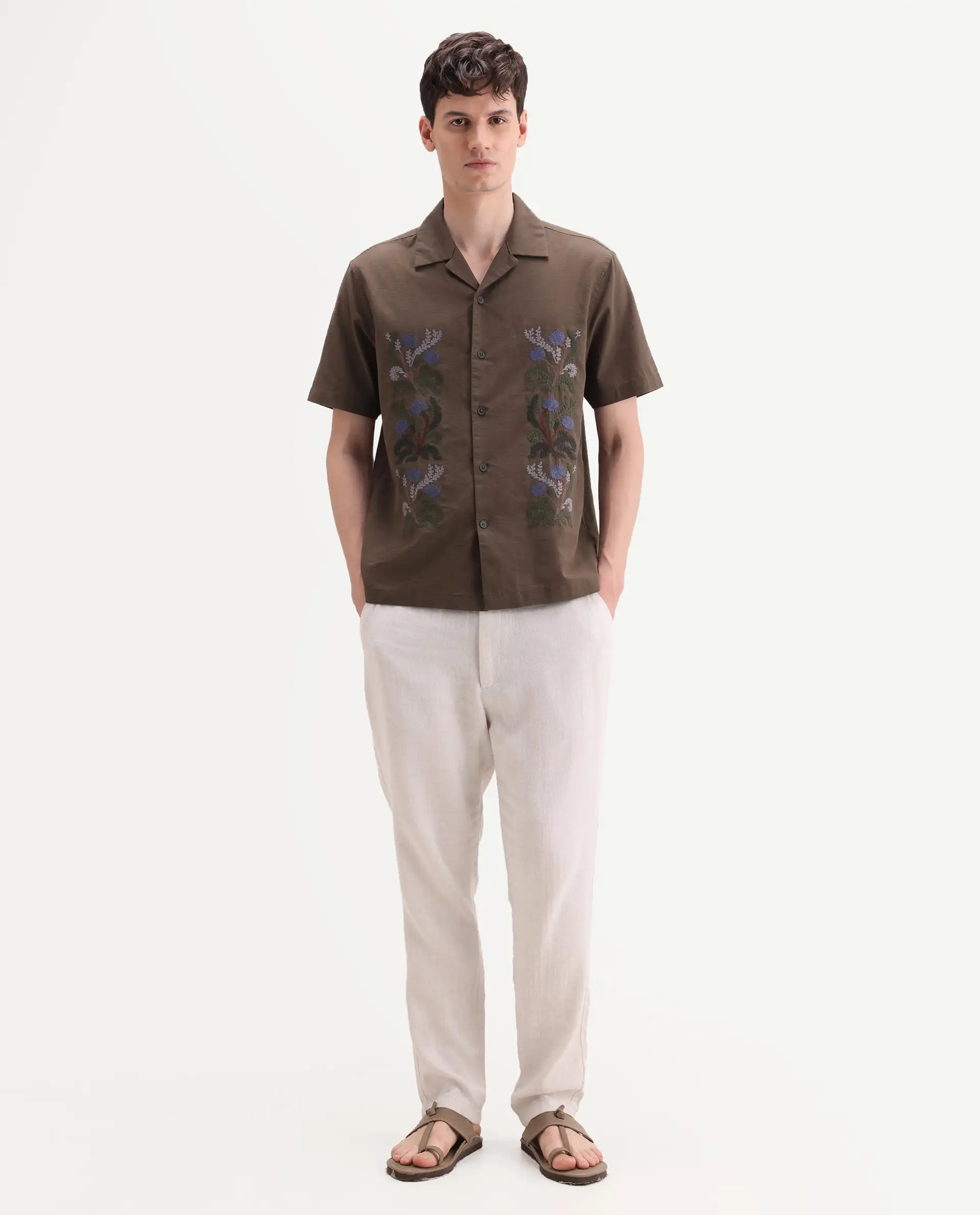 Rare Rabbit Men's Post Off White Cotton Blend Fabric Regular Fit Plain Trouser