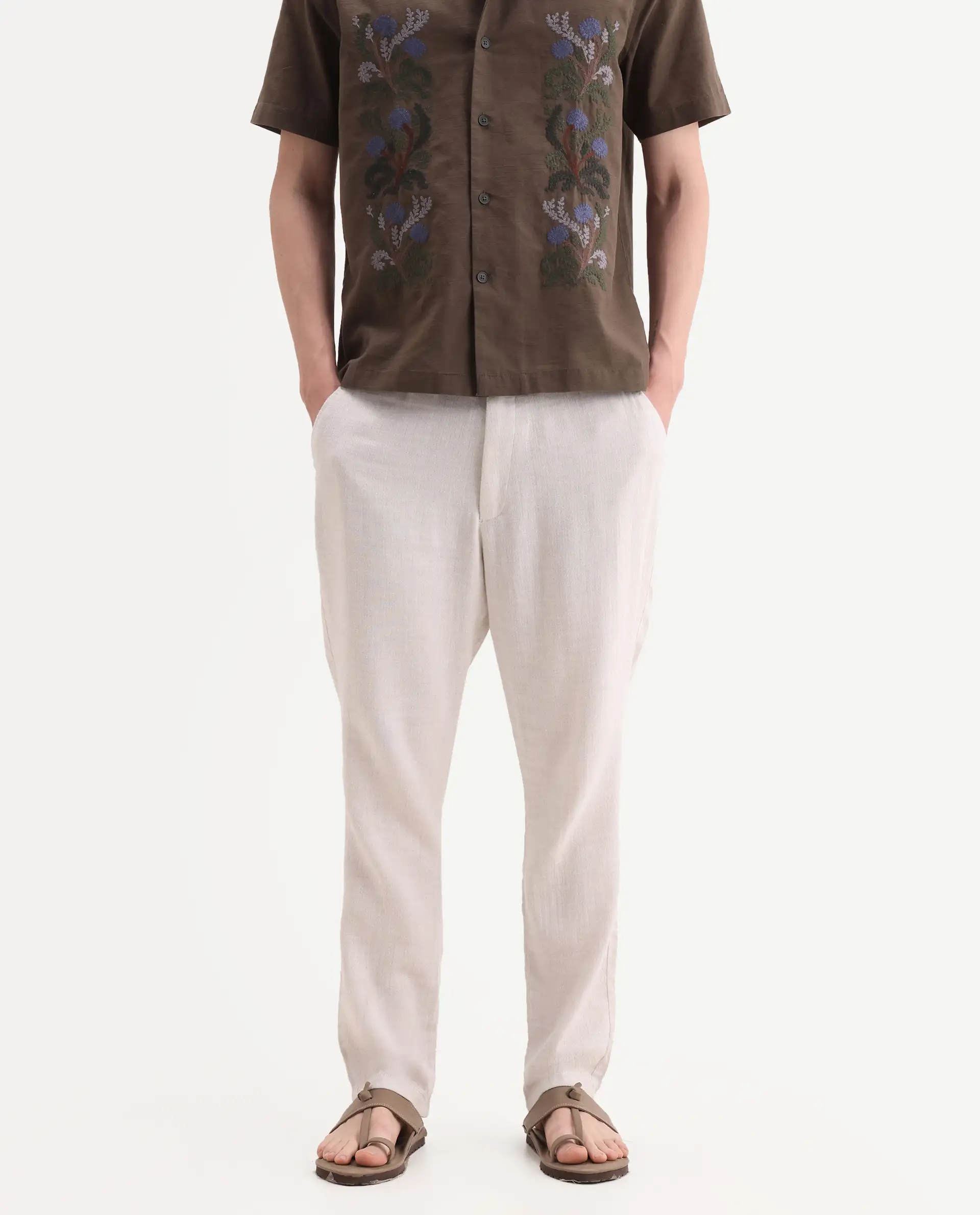 Rare Rabbit Men's Post Off White Cotton Blend Fabric Regular Fit Plain Trouser - Image 2