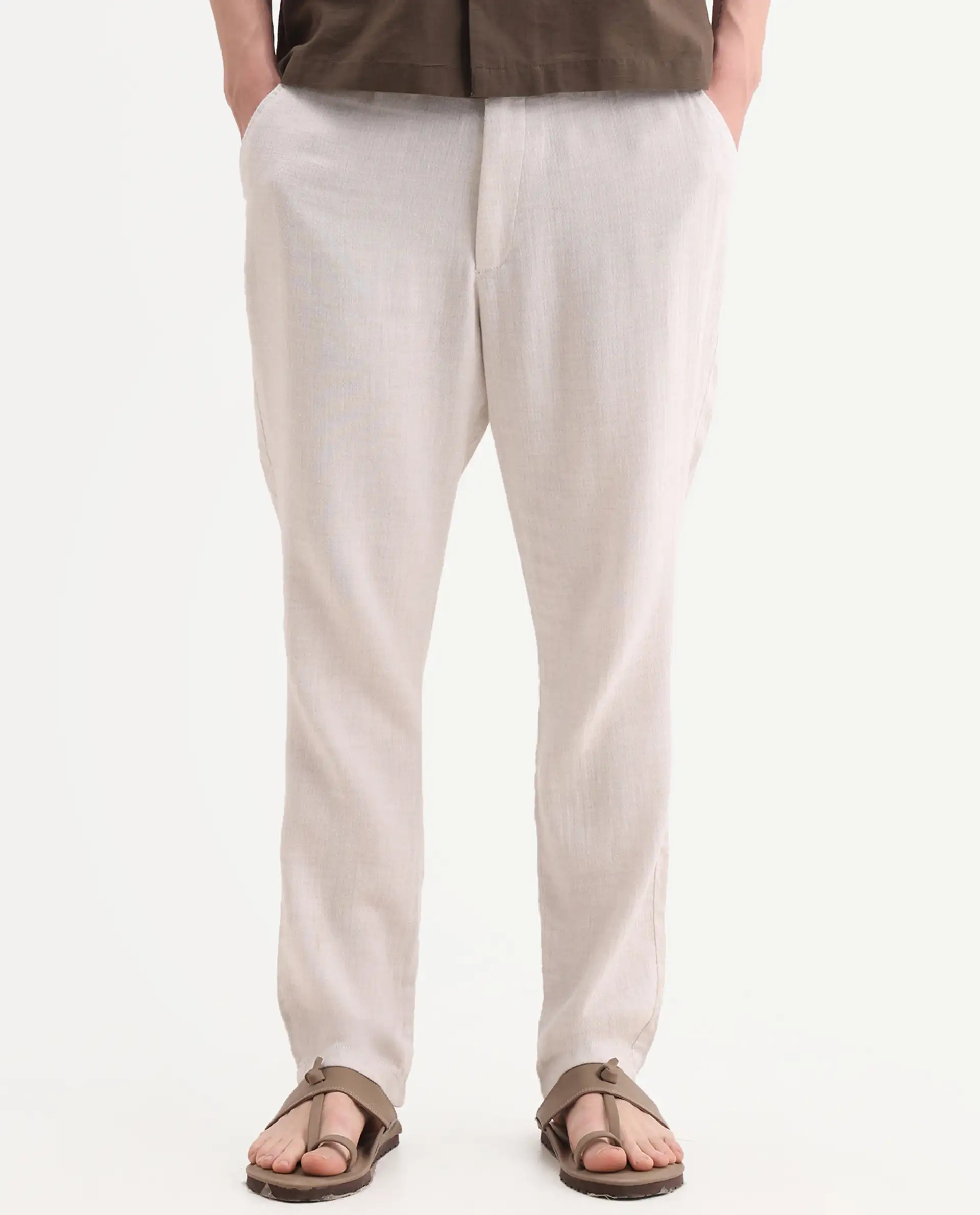 Rare Rabbit Men's Post Off White Cotton Blend Fabric Regular Fit Plain Trouser - Image 9