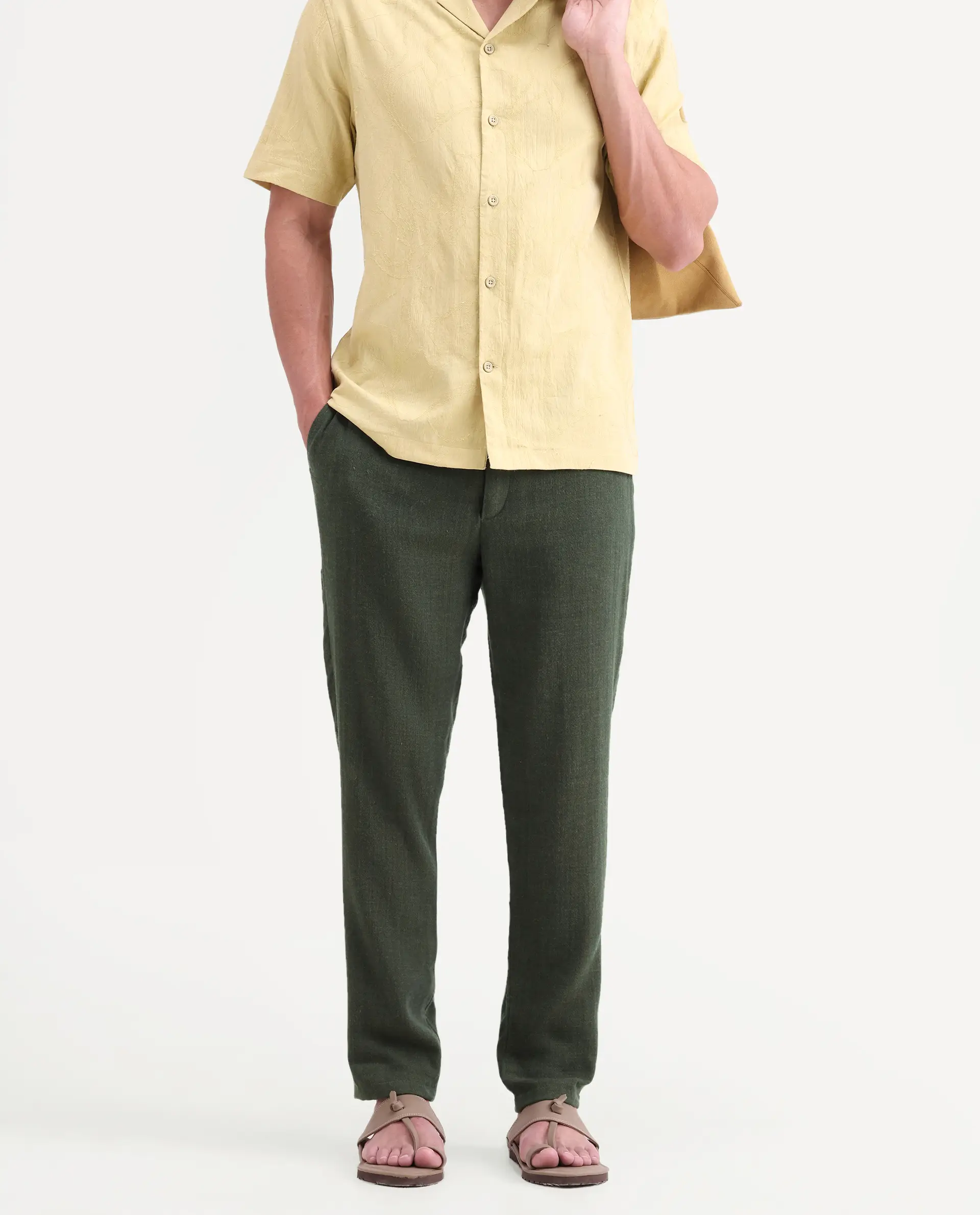 Rare Rabbit Men's Post Olive Cotton Blend Fabric Regular Fit Plain Trouser - Image 2