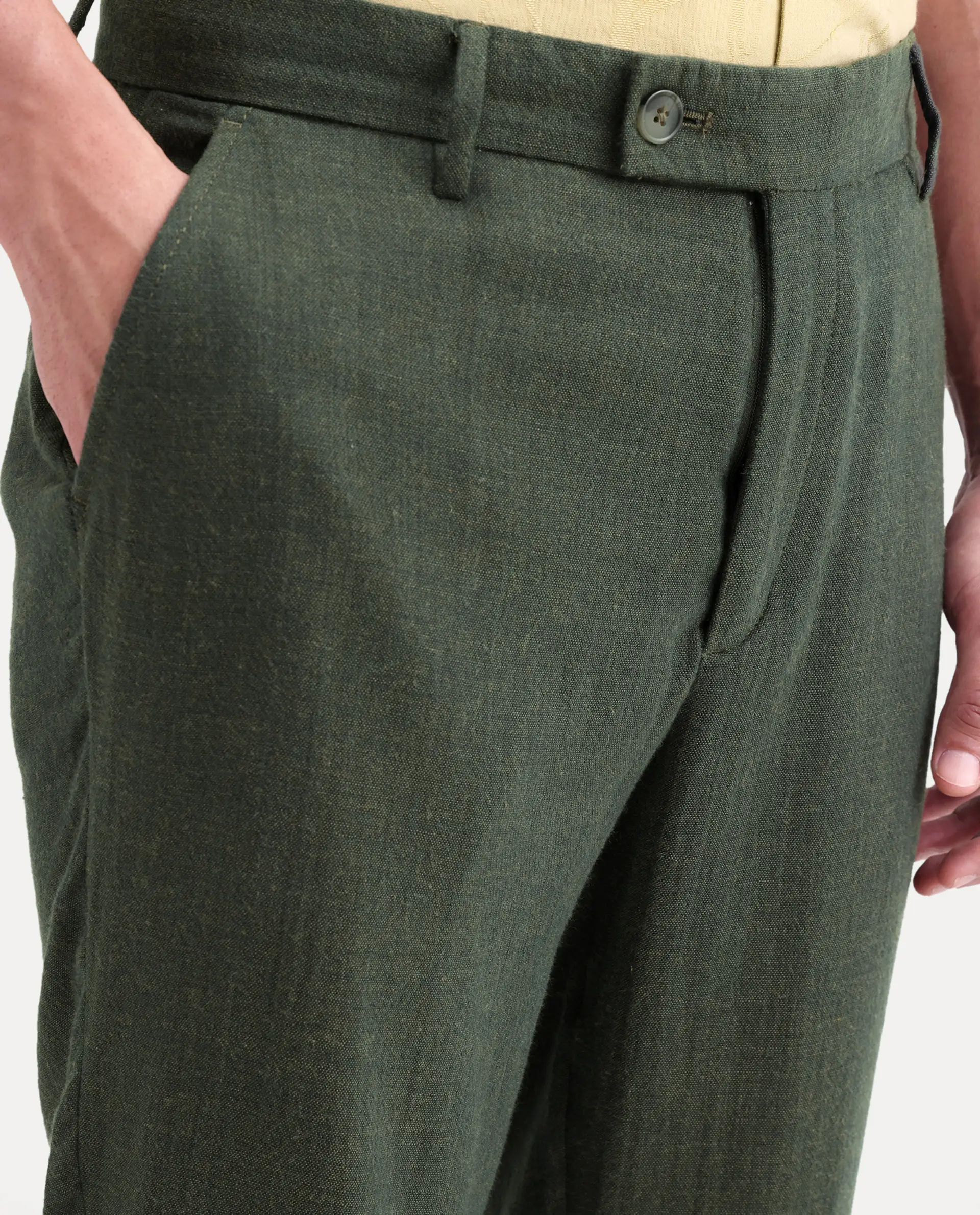 Rare Rabbit Men's Post Olive Cotton Blend Fabric Regular Fit Plain Trouser - Image 3