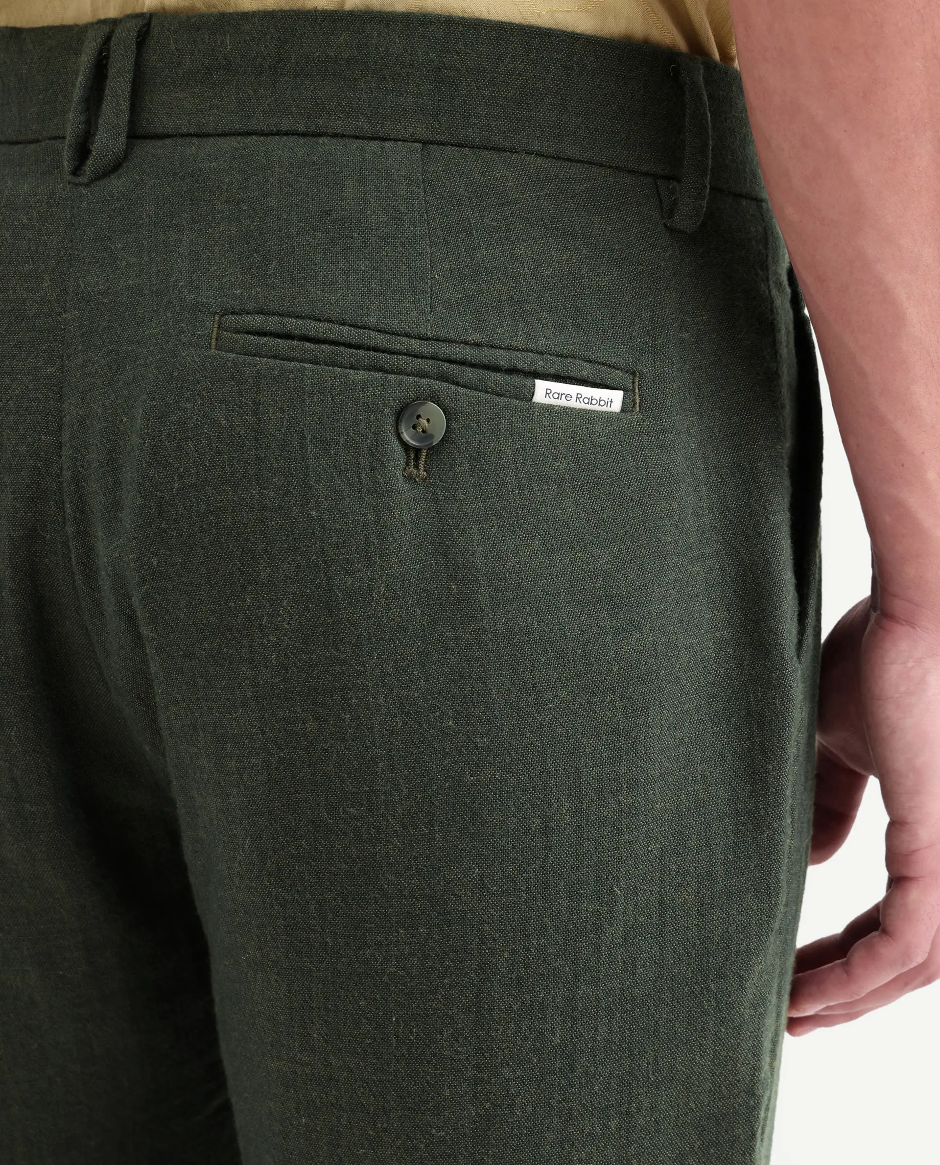 Rare Rabbit Men's Post Olive Cotton Blend Fabric Regular Fit Plain Trouser - Image 8