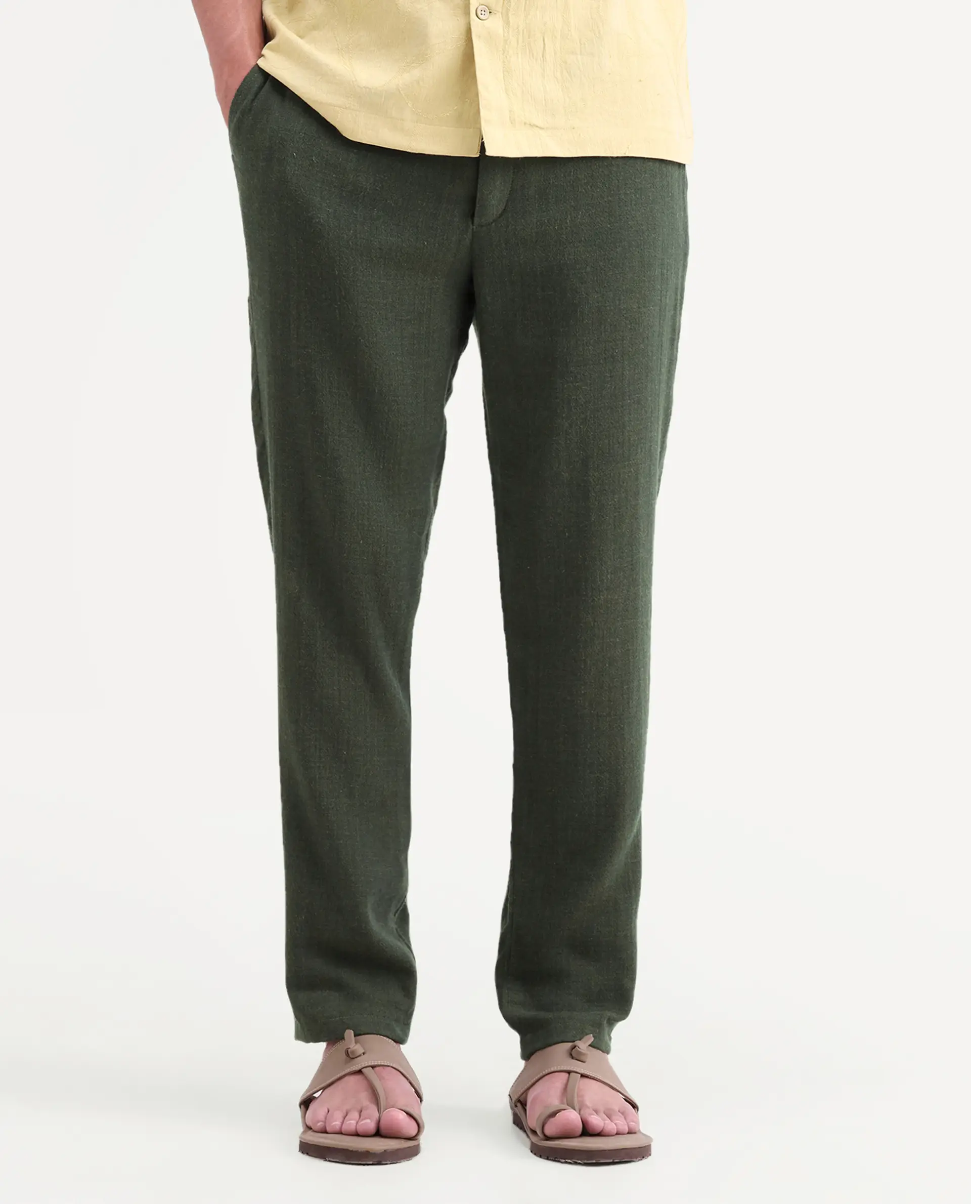 Rare Rabbit Men's Post Olive Cotton Blend Fabric Regular Fit Plain Trouser - Image 9