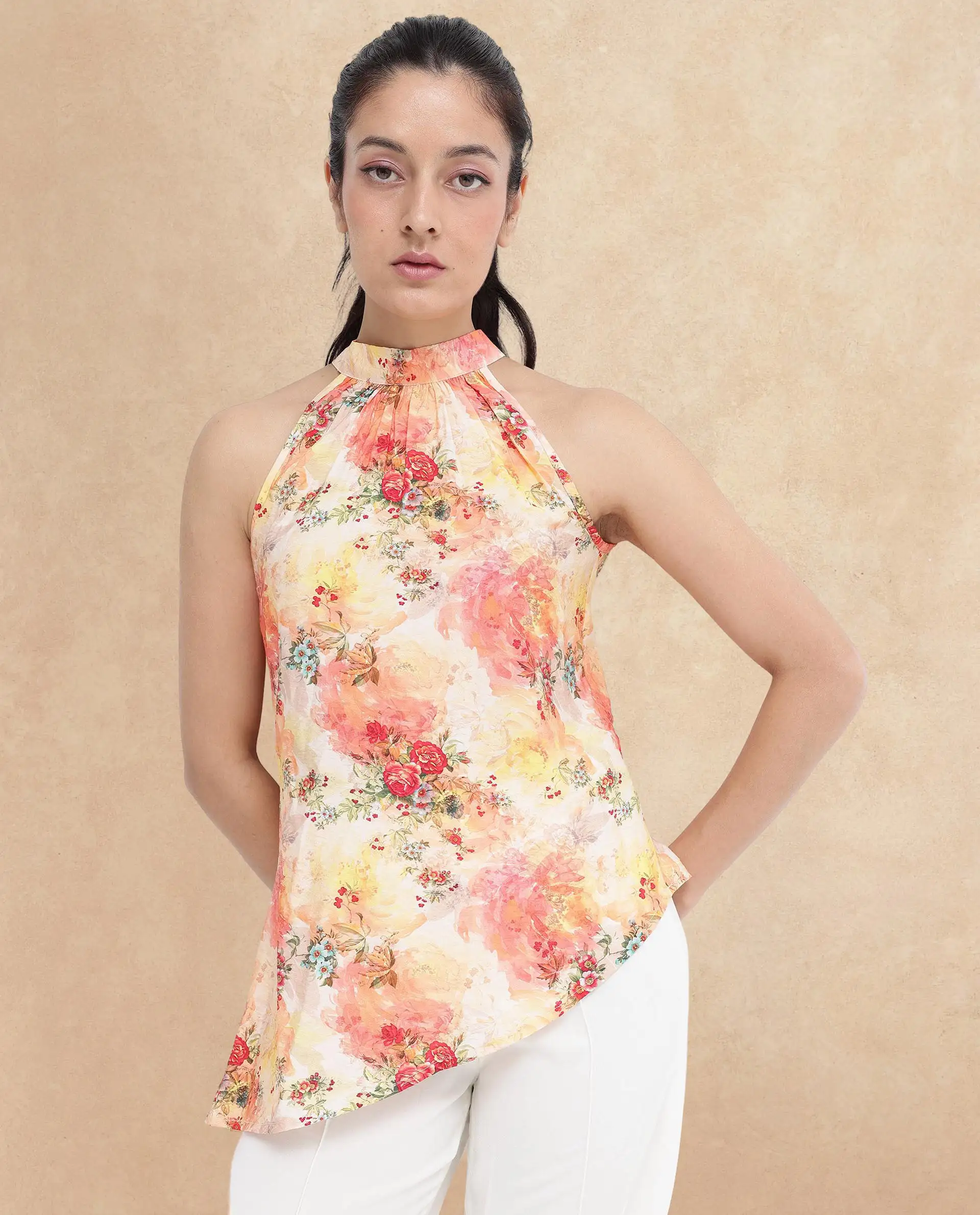 Rareism Women's Potenza Pastel Multi Nylon Blend Halter Neck Floral Print Sleeveless Regular Fit Top - Image 2