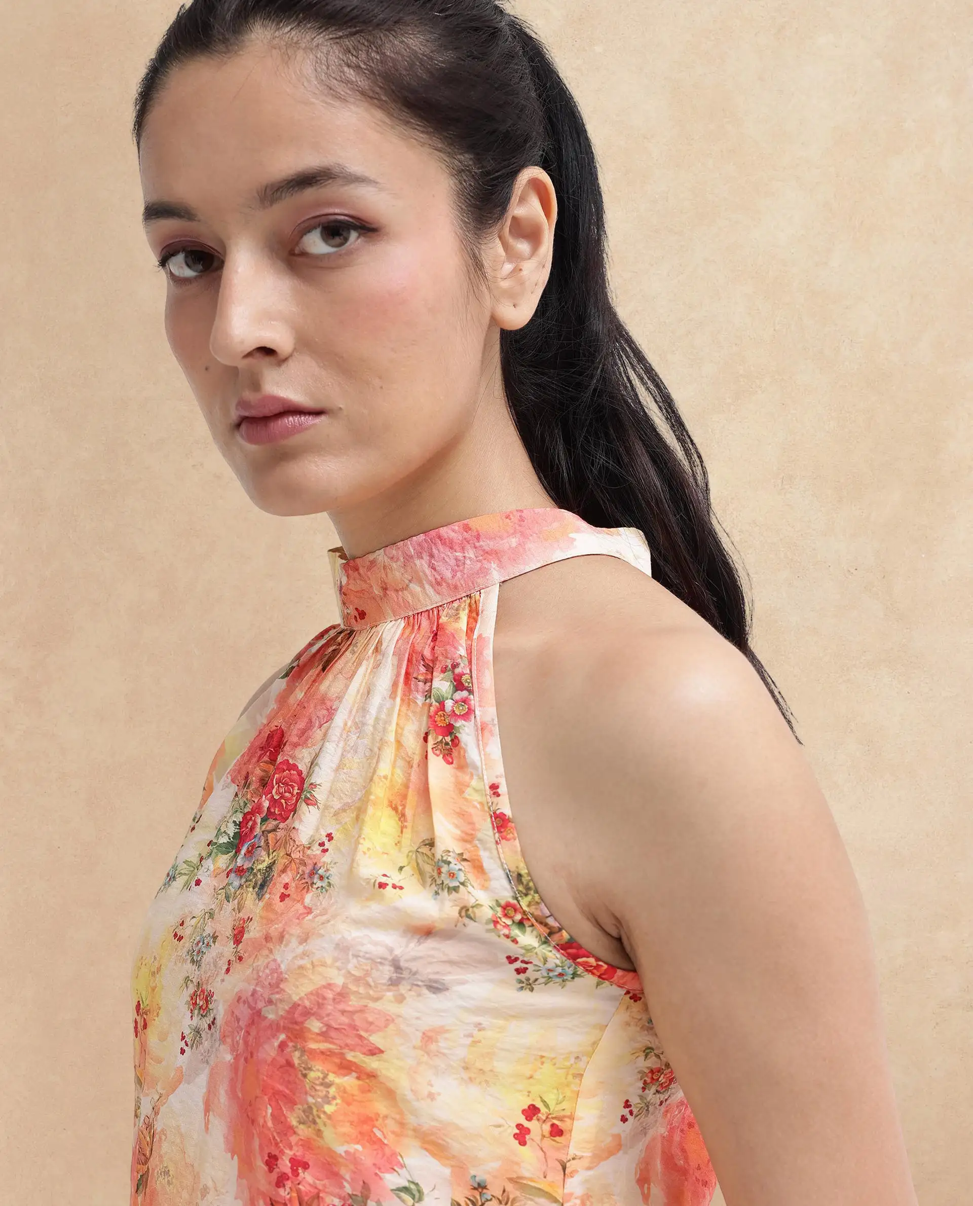 Rareism Women's Potenza Pastel Multi Nylon Blend Halter Neck Floral Print Sleeveless Regular Fit Top - Image 3