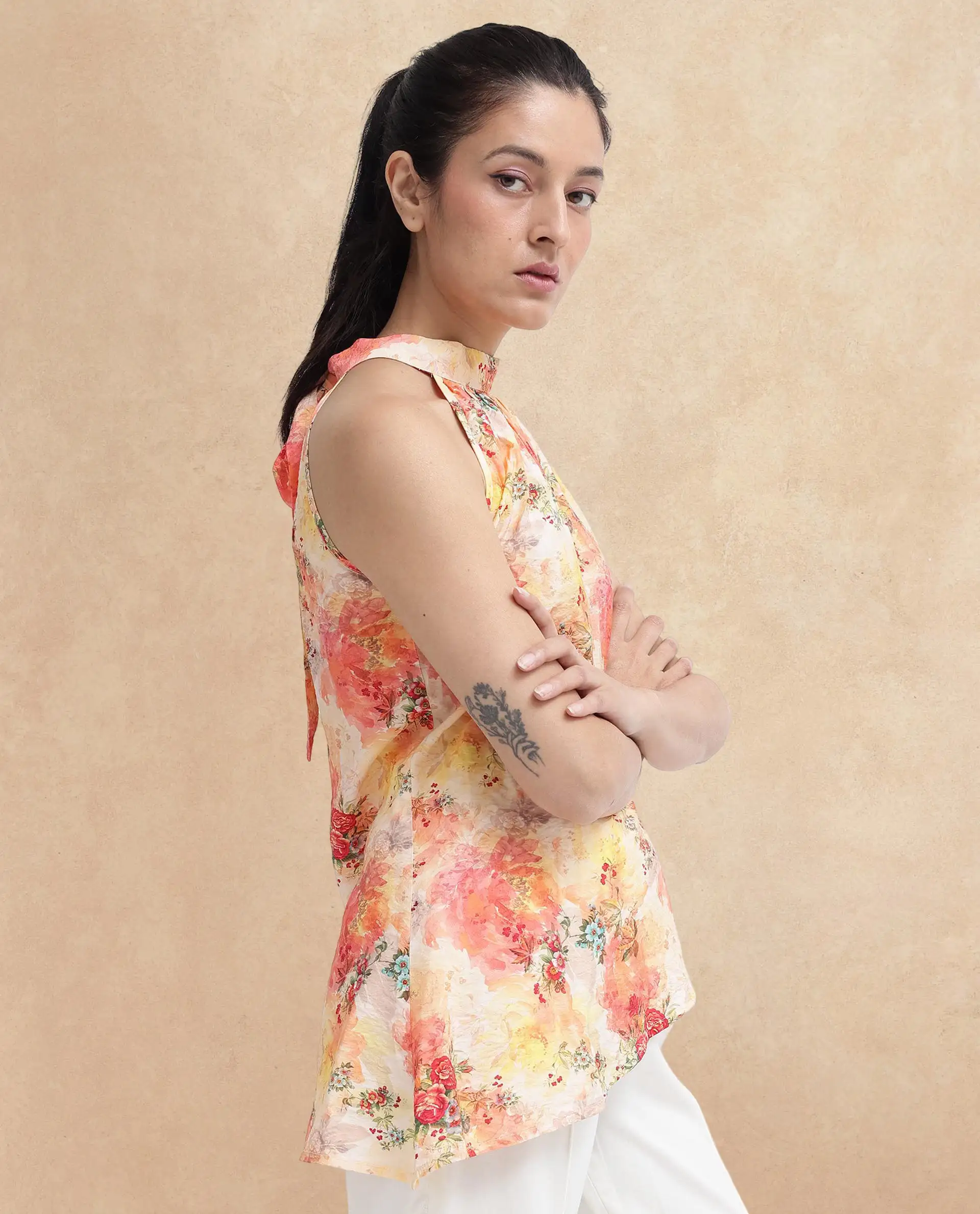 Rareism Women's Potenza Pastel Multi Nylon Blend Halter Neck Floral Print Sleeveless Regular Fit Top - Image 4