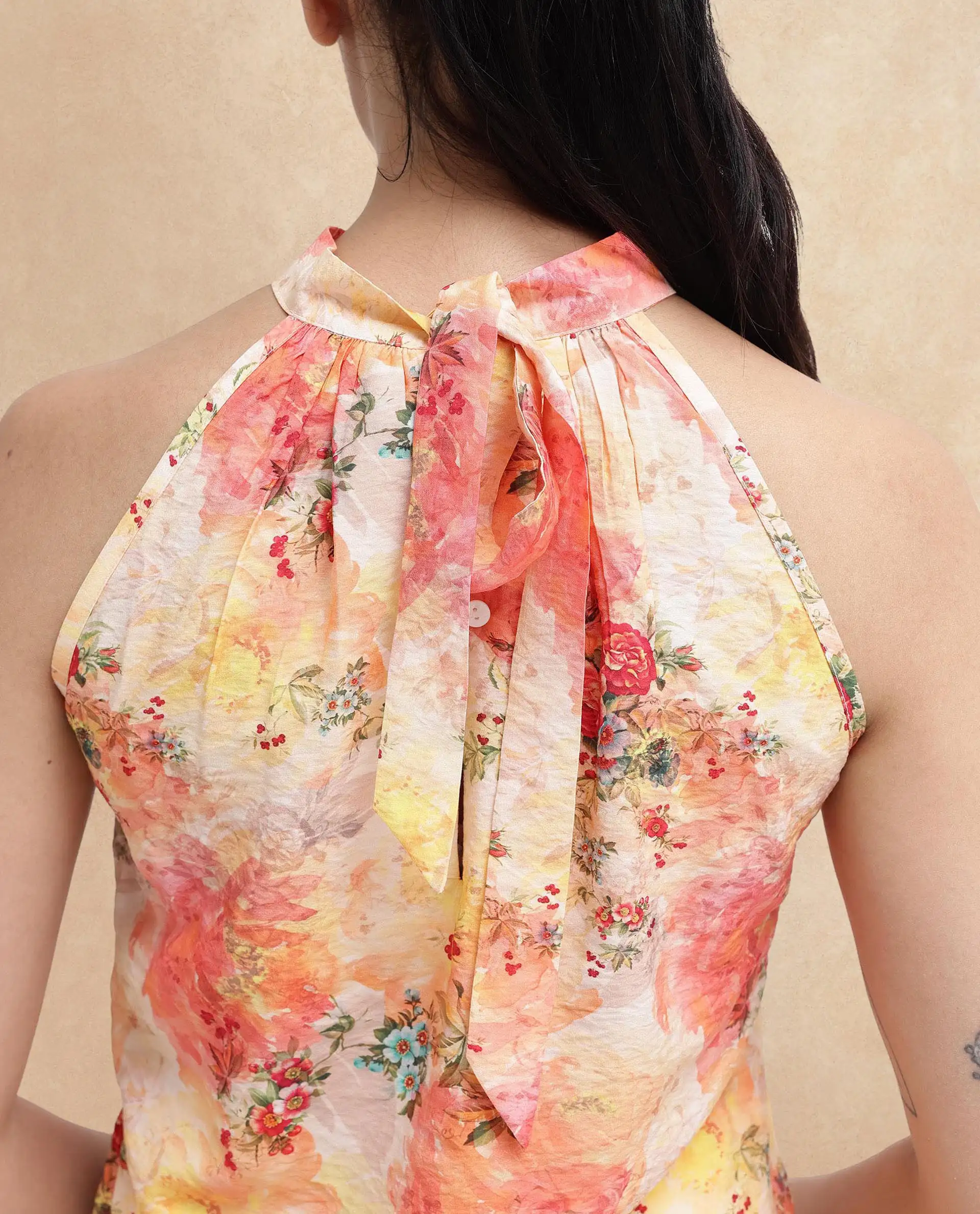 Rareism Women's Potenza Pastel Multi Nylon Blend Halter Neck Floral Print Sleeveless Regular Fit Top - Image 7