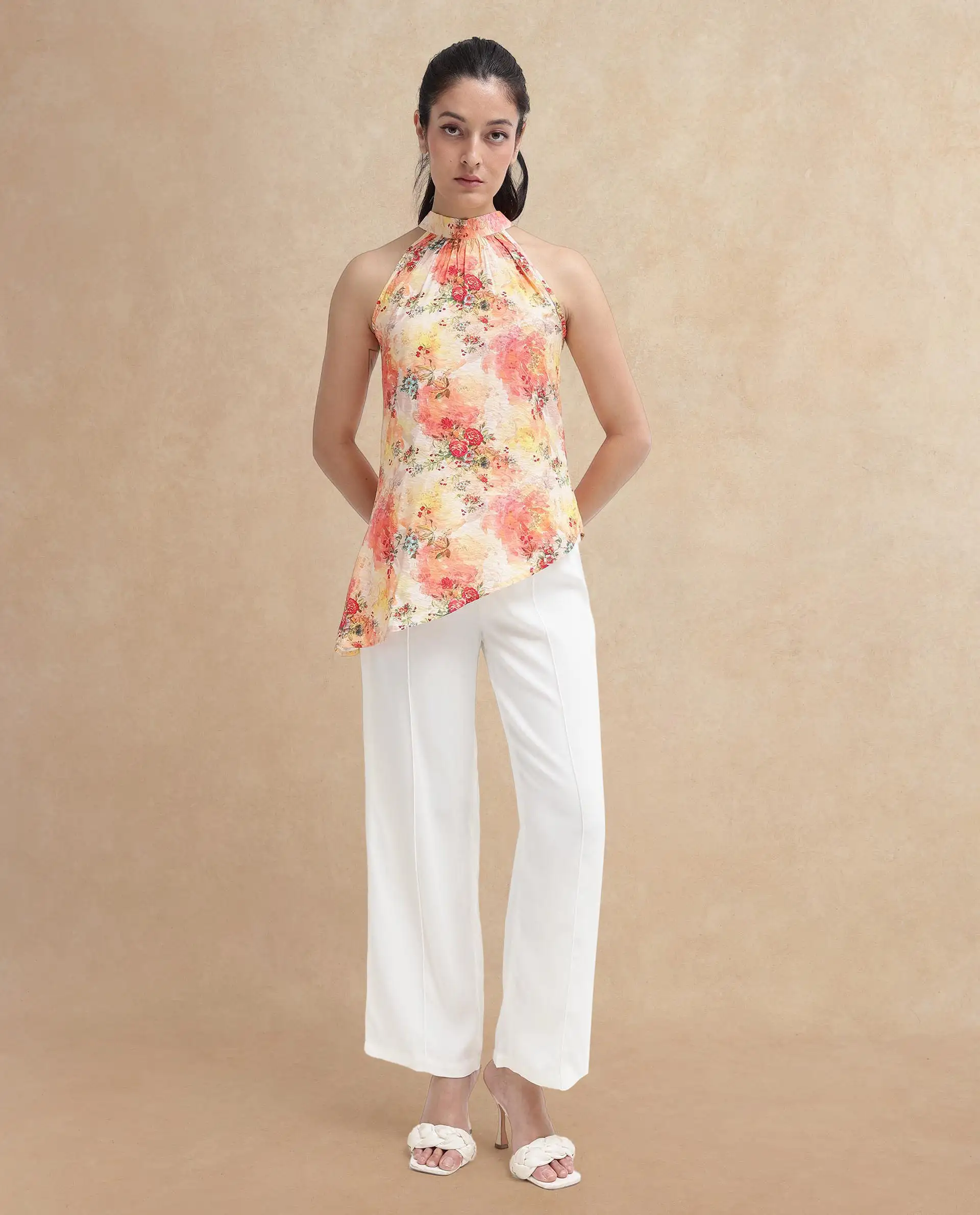 Rareism Women's Potenza Pastel Multi Nylon Blend Halter Neck Floral Print Sleeveless Regular Fit Top - Image 9