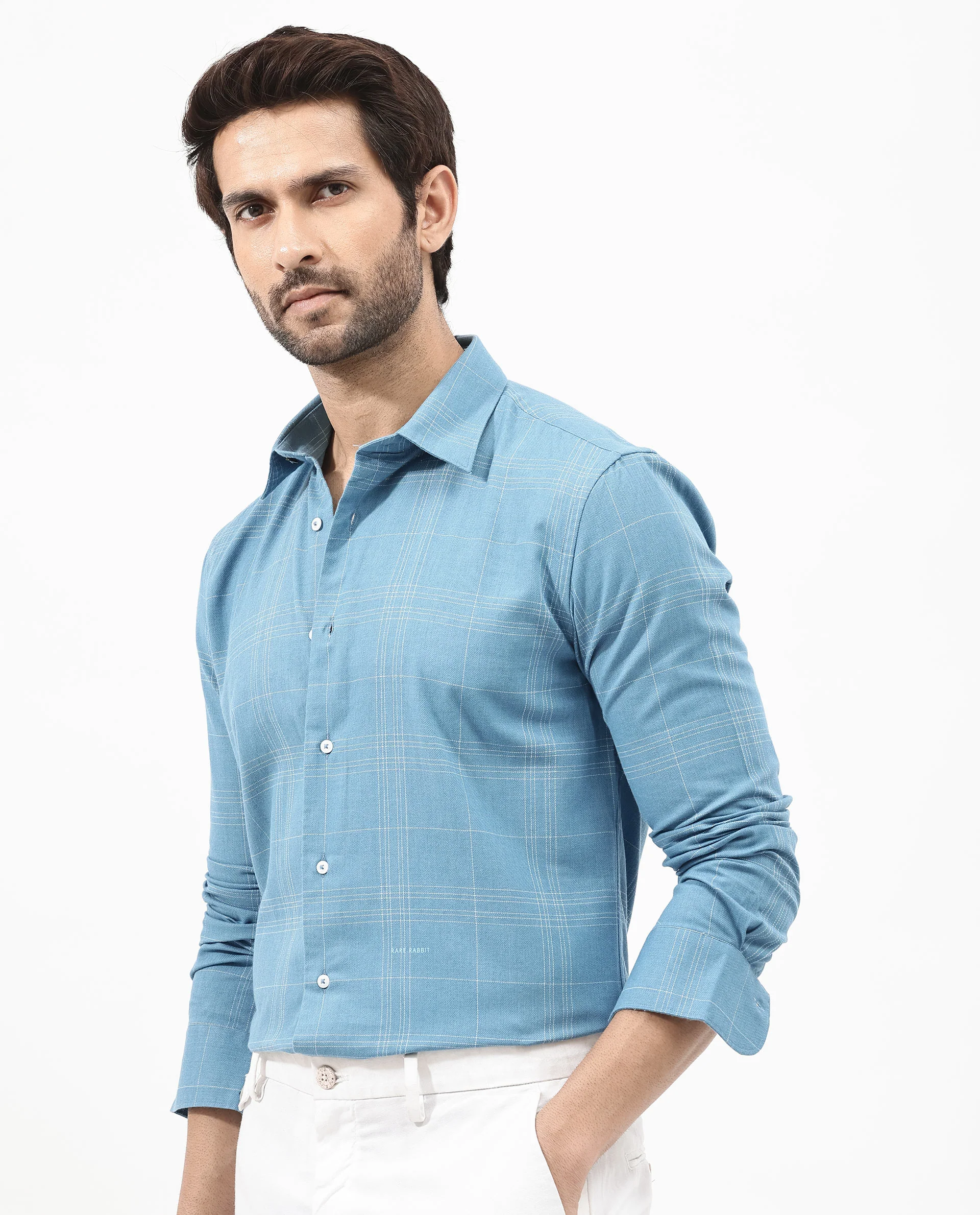 Rare Rabbit Men's Potex Blue Cotton Blend Checked Print Regular Fit Full Sleeve Collared Shirt - Image 3