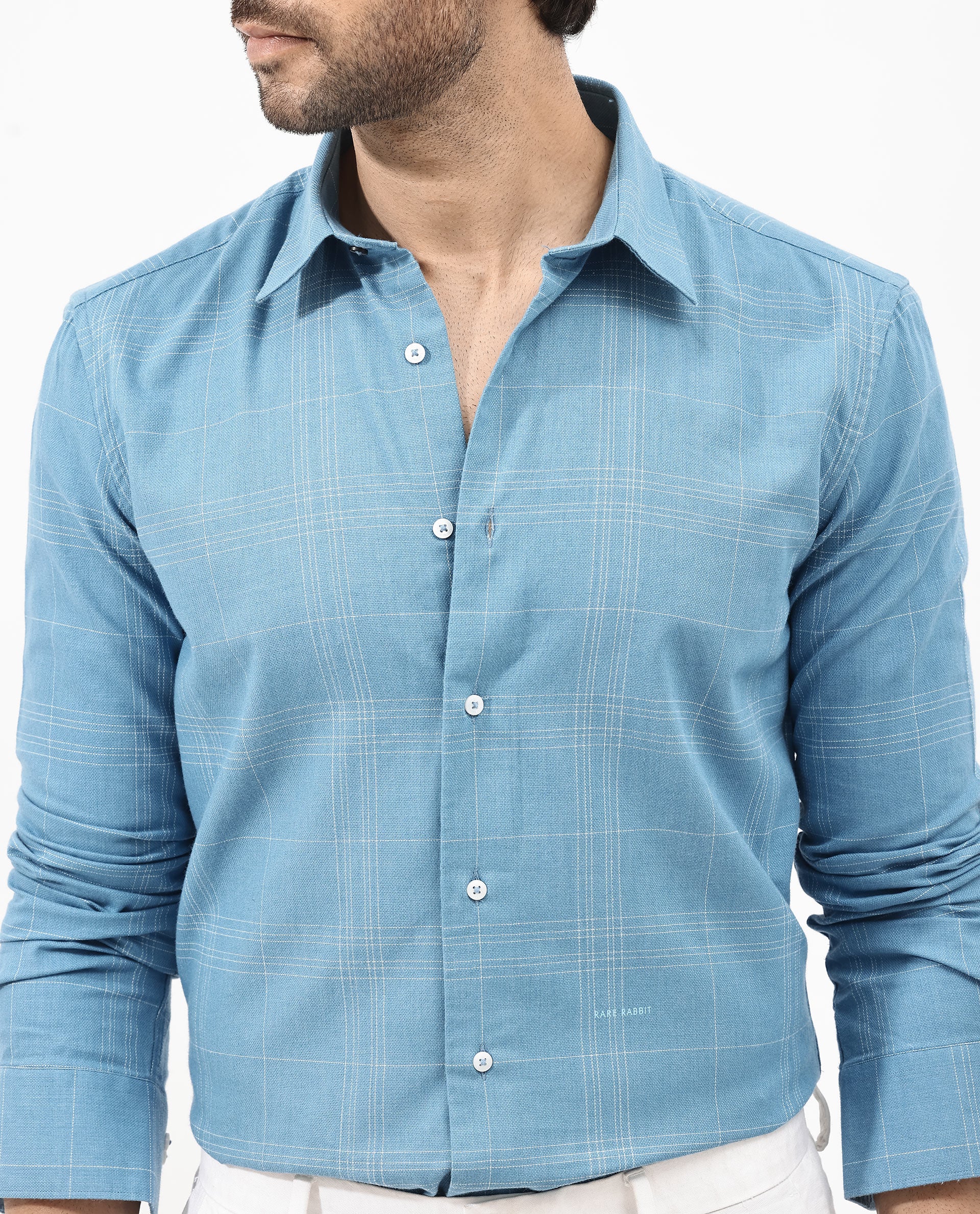Rare Rabbit Men's Potex Blue Cotton Blend Checked Print Regular Fit Full Sleeve Collared Shirt - Image 5