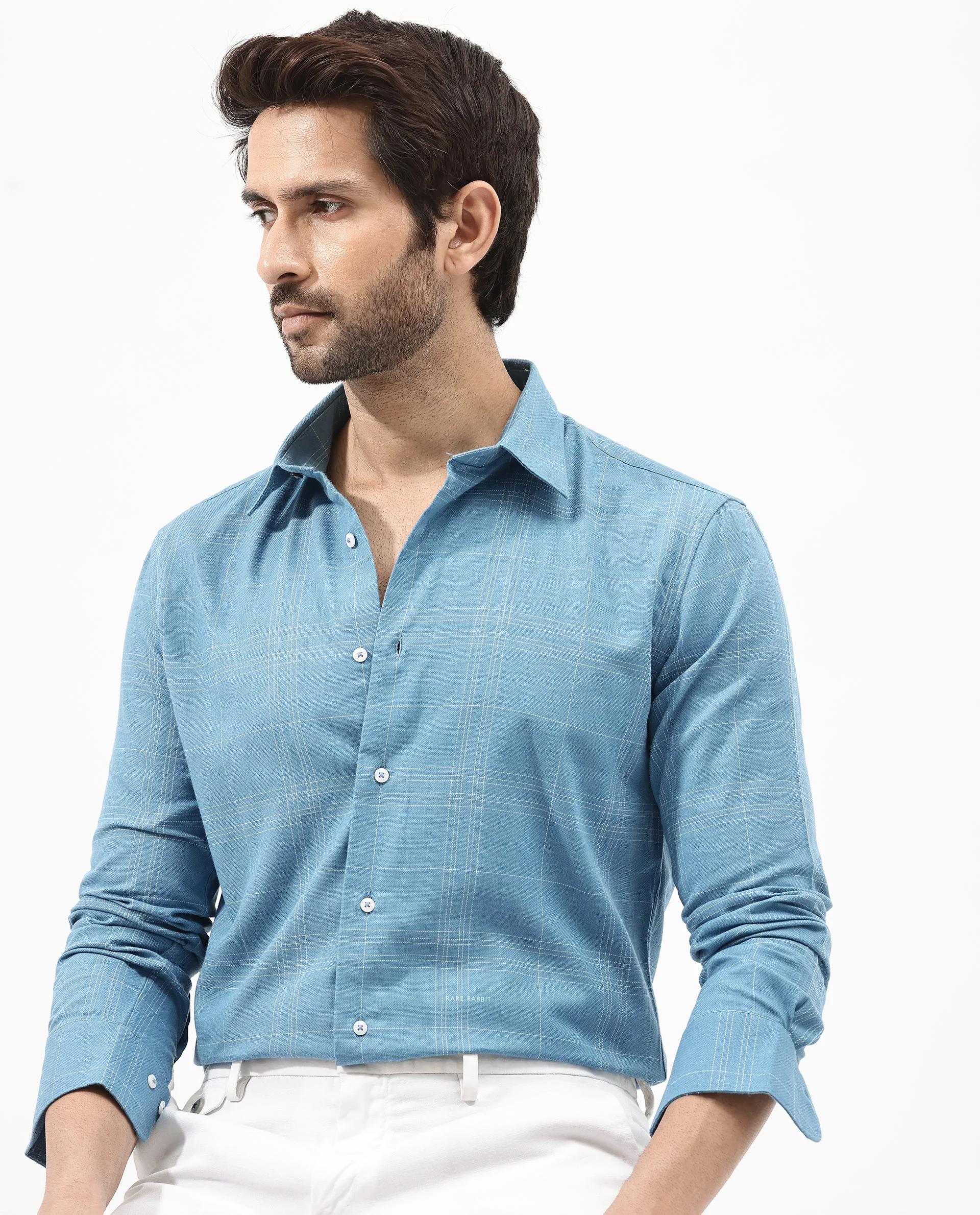 Rare Rabbit Men's Potex Blue Cotton Blend Checked Print Regular Fit Full Sleeve Collared Shirt - Image 7