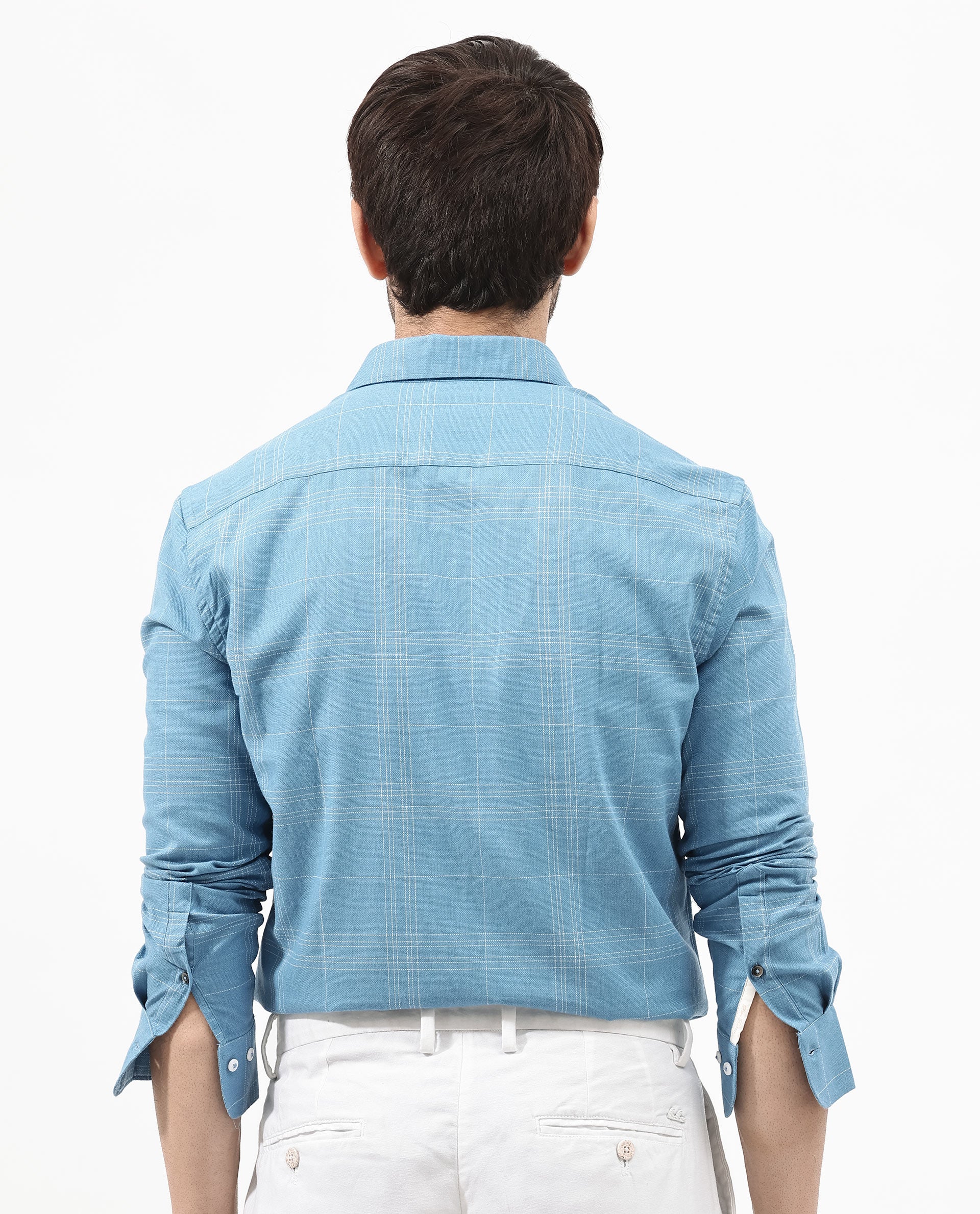 Rare Rabbit Men's Potex Blue Cotton Blend Checked Print Regular Fit Full Sleeve Collared Shirt - Image 8
