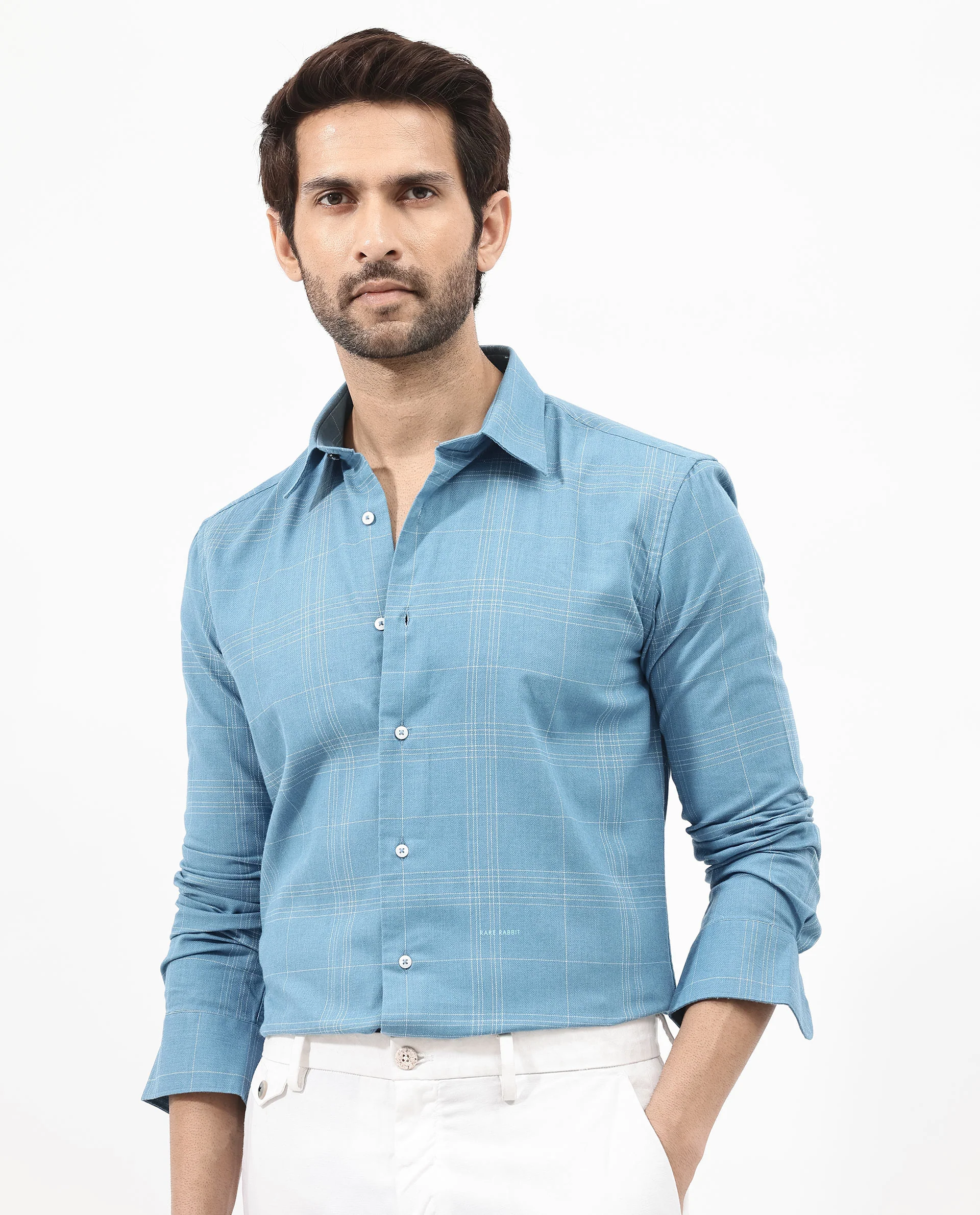Rare Rabbit Men's Potex Blue Cotton Blend Checked Print Regular Fit Full Sleeve Collared Shirt - Image 9
