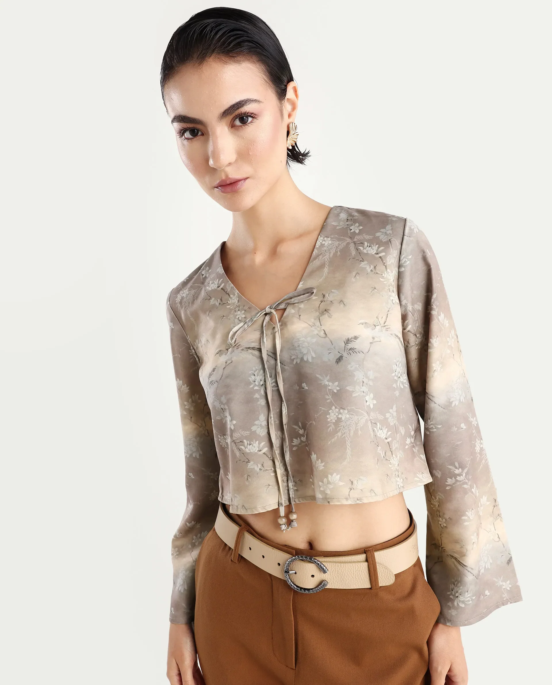 Rareism Women's Poulop Dusky Black Satin V-Neck Floral Print Bell Sleeve Crop Regular Fit Top
